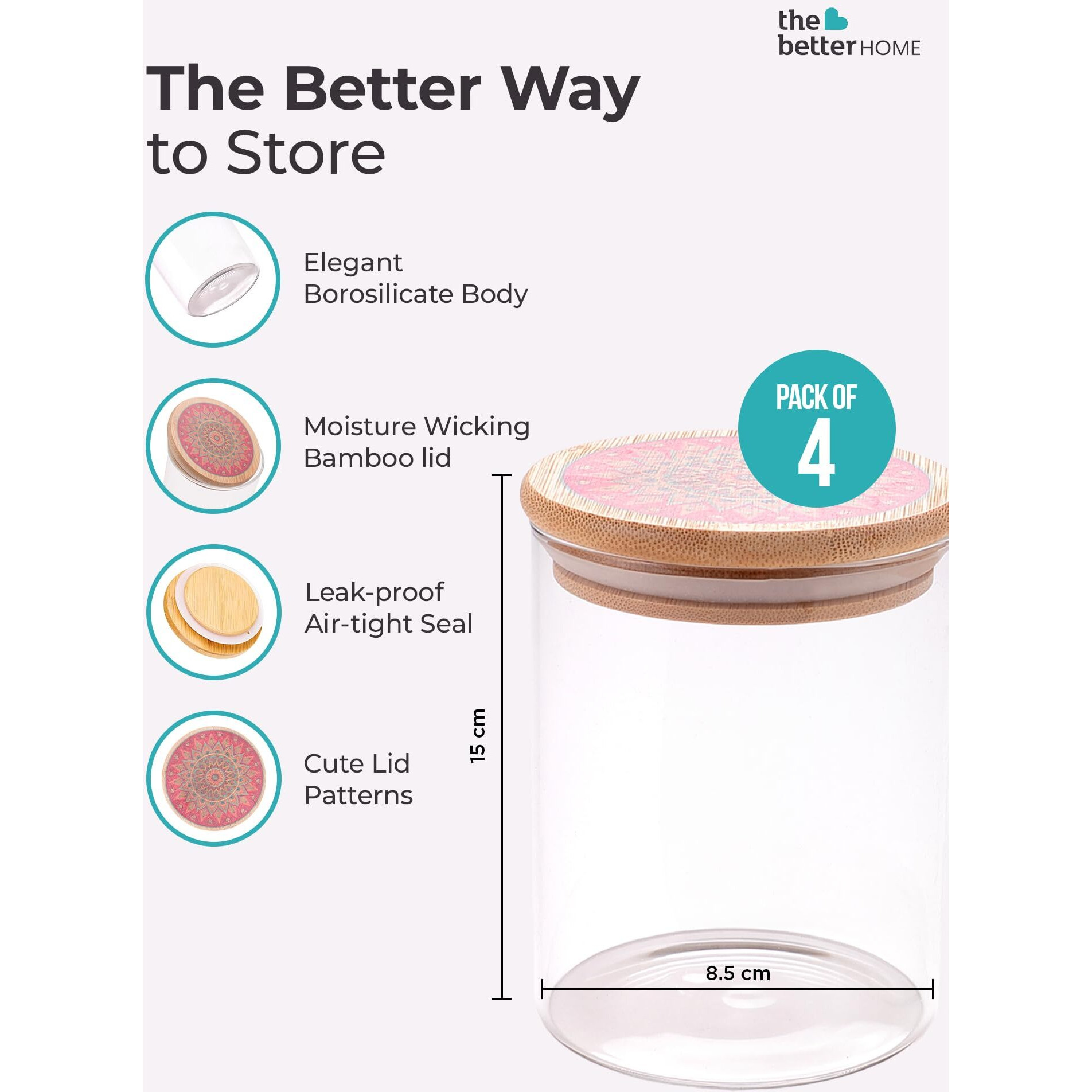The Better Home Borosilicate Kitchen Jars & Containers Set With Lid (4Pcs - 600Ml Each) | Airtight Bamboo Lid | Jar For Kitchen Storage Box | Jars For Cookies, Snack, Spices, Tea, Coffee (Orange)