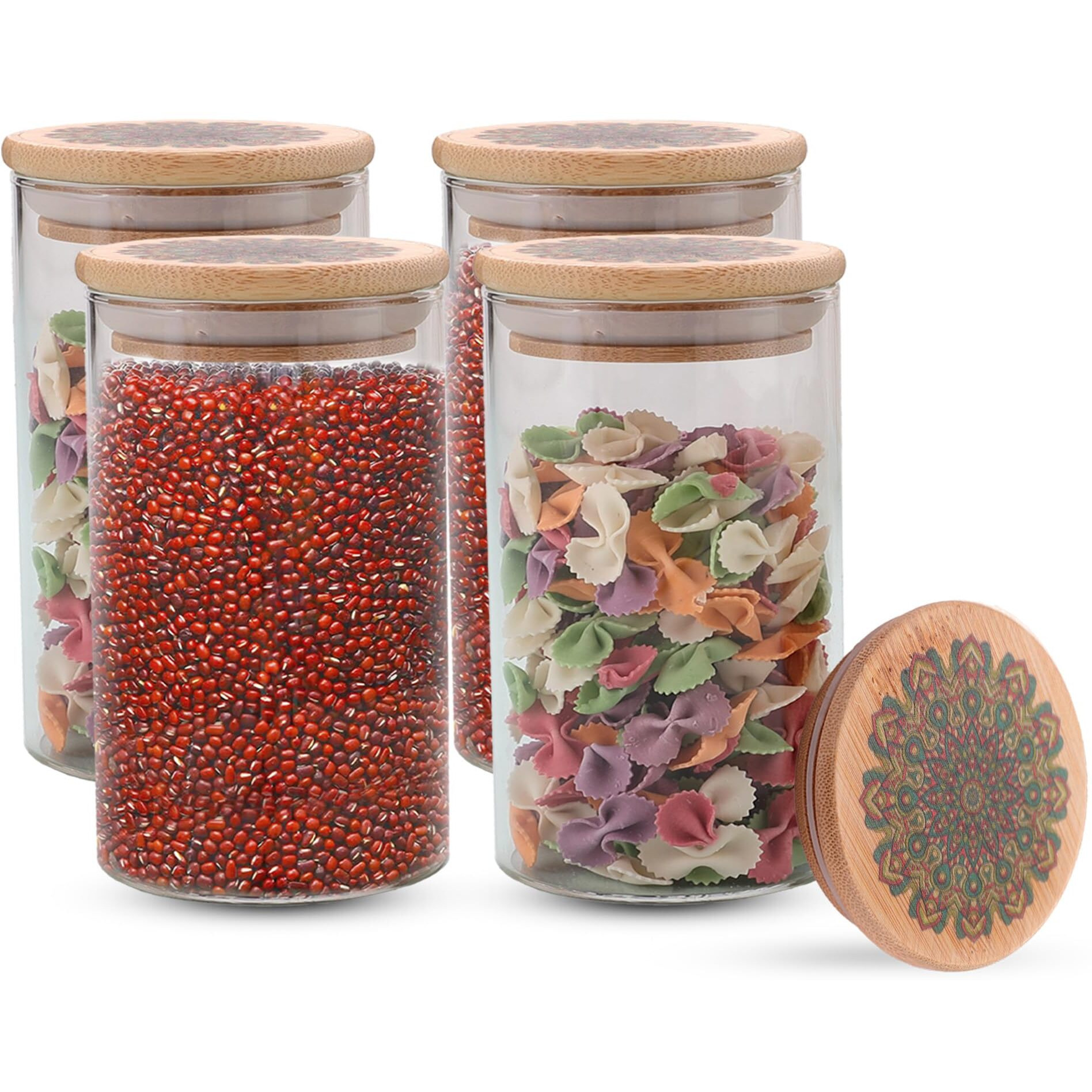 The Better Home Pack Of 4 Kitchen Containers Set Glass Jars With Printed Bamboo Lids I Multipurpose Airtight Storage Jars For Cookies, Snacks, Spices I 600 Ml Each |
