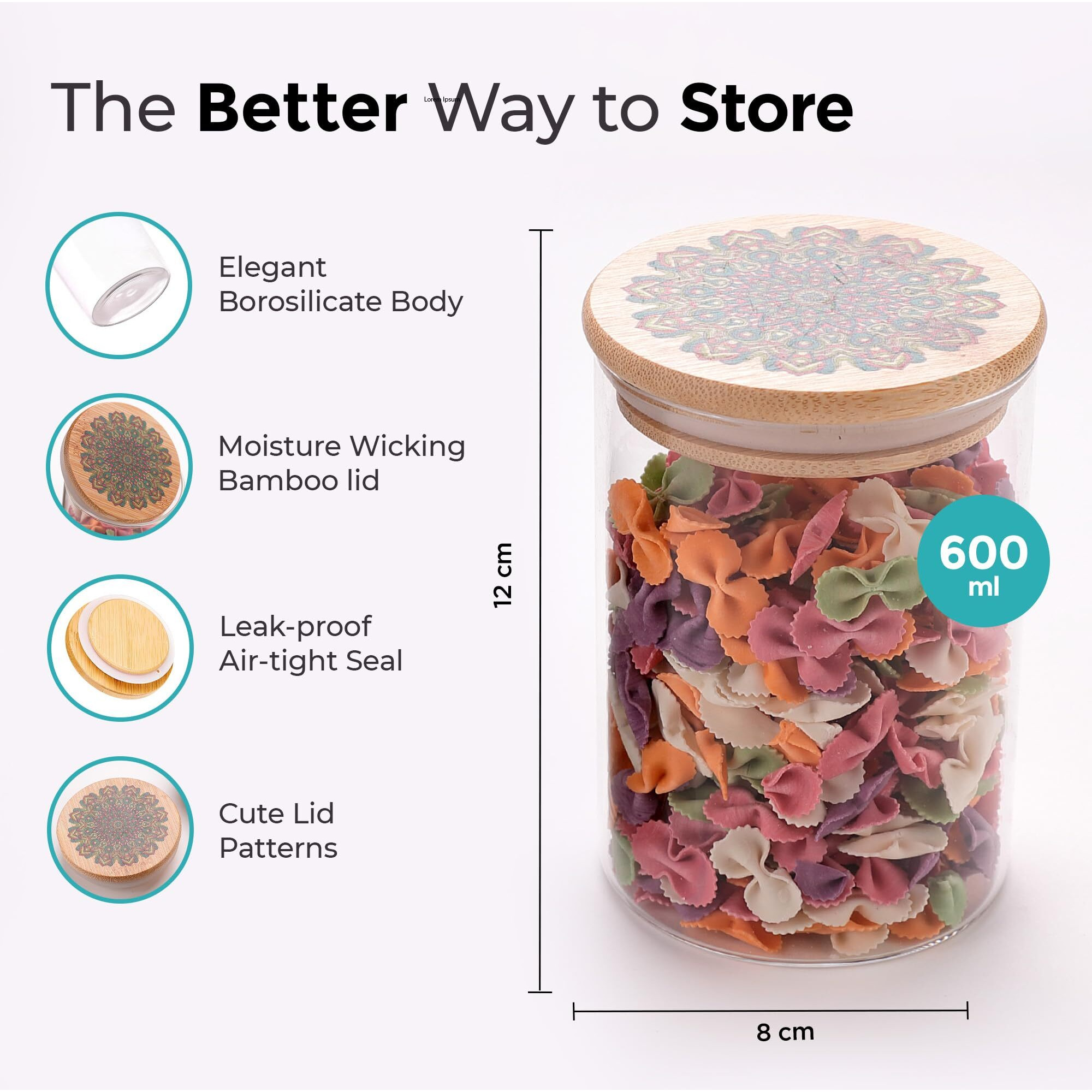 The Better Home Pack Of 4 Kitchen Containers Set Glass Jars With Printed Bamboo Lids I Multipurpose Airtight Storage Jars For Cookies, Snacks, Spices I 600 Ml Each |