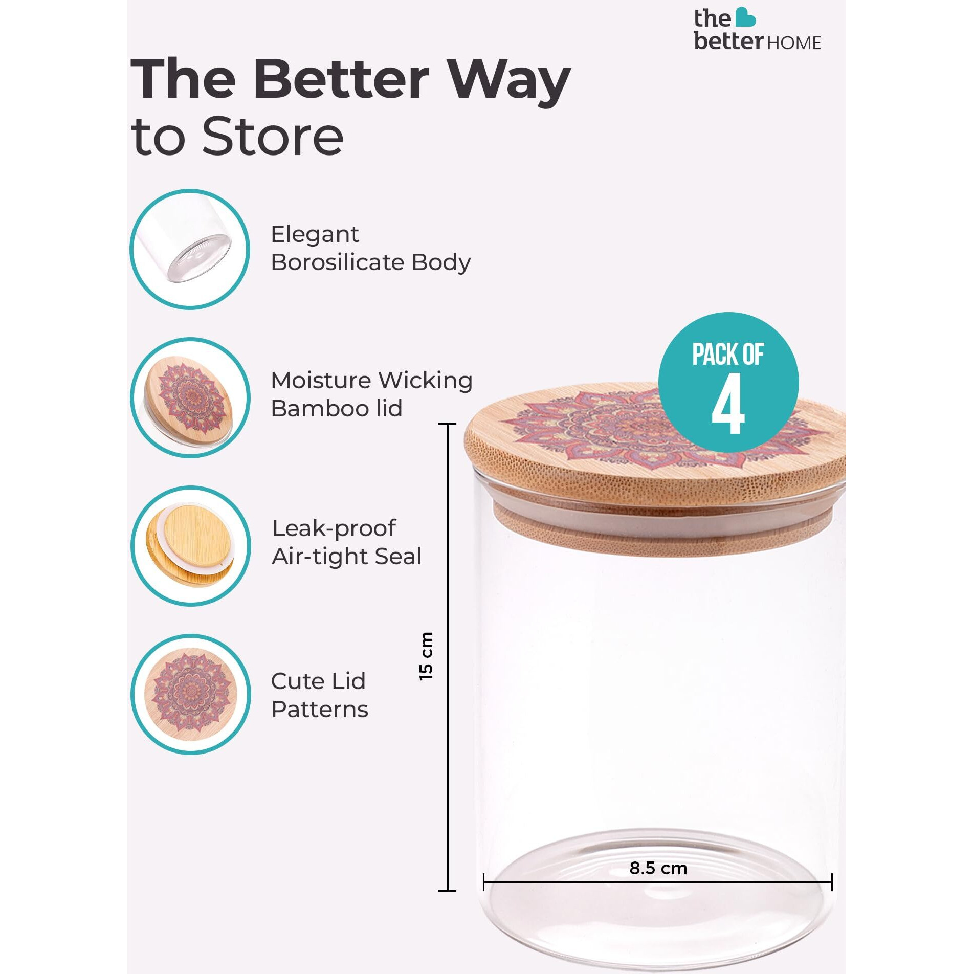 The Better Home Borosilicate Kitchen Jars & Containers Set With Lid (4Pcs - 600Ml Each) | Airtight Bamboo Lid | Jar For Kitchen Storage Box | Jars For Cookies, Snack, Spices, Tea, Coffee (Red)