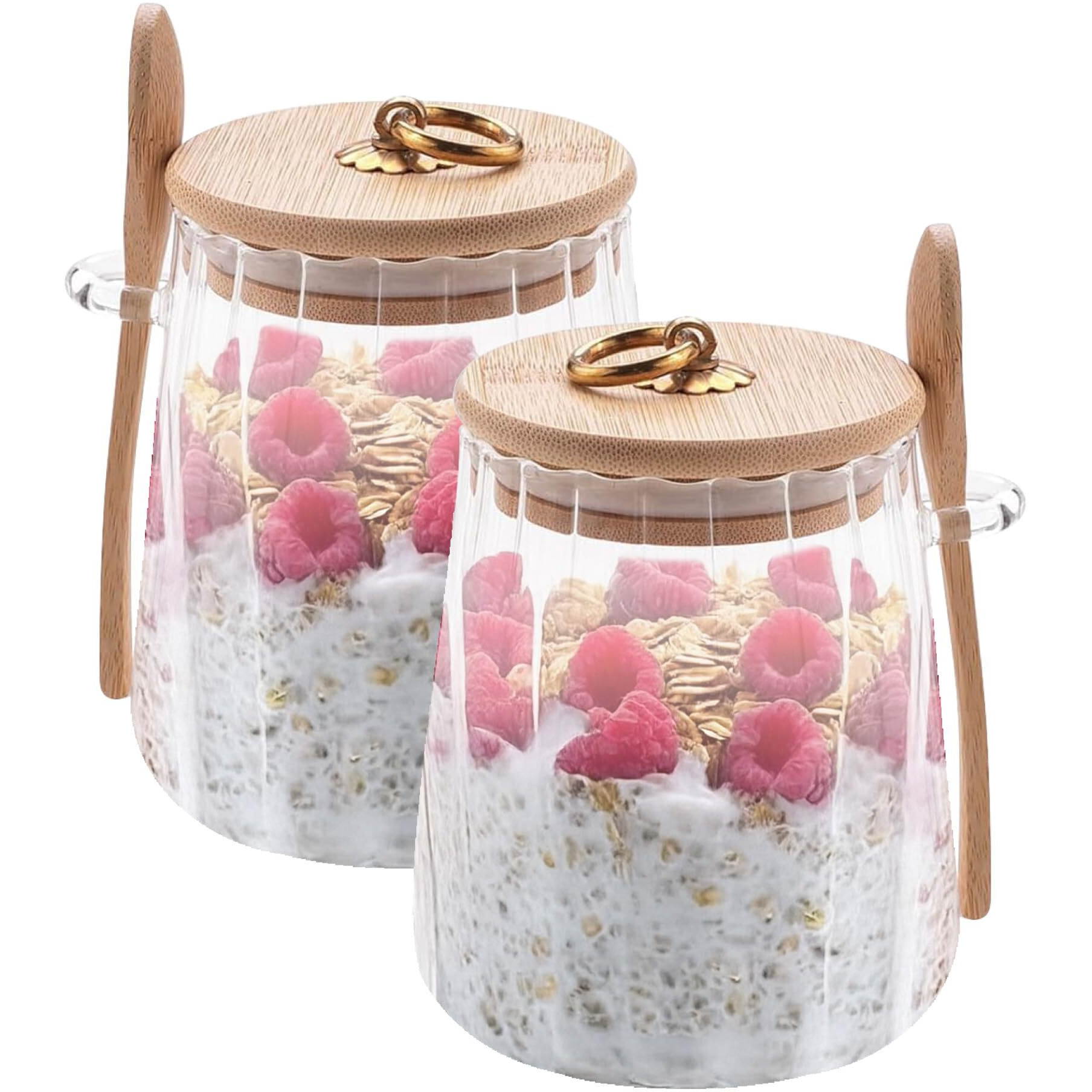 The Better Home Overnight Oats Jar With Wooden Spoon | Set Of 2-635Ml Each | Borosilicate Glass Jar With Bamboo Lid | Multipurpose Airtight Storage Jar For Oats, Snacks, Tea, Coffee, Sugar | Clear
