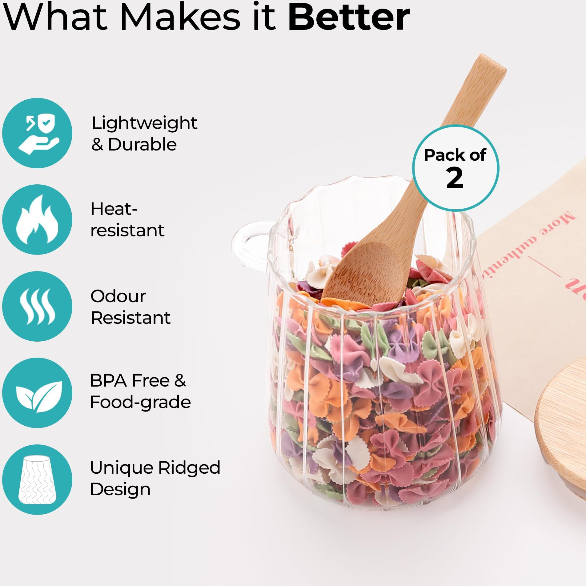 The Better Home Overnight Oats Jar With Wooden Spoon | Set Of 2-635Ml Each | Borosilicate Glass Jar With Bamboo Lid | Multipurpose Airtight Storage Jar For Oats, Snacks, Tea, Coffee, Sugar | Clear