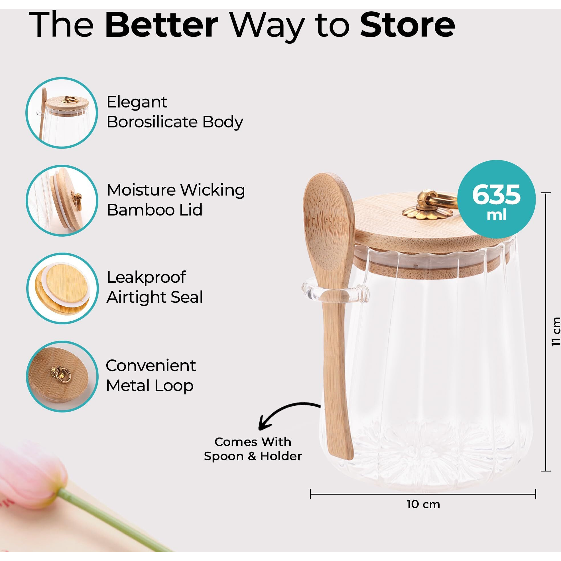 The Better Home Overnight Oats Jar With Wooden Spoon | Set Of 2-635Ml Each | Borosilicate Glass Jar With Bamboo Lid | Multipurpose Airtight Storage Jar For Oats, Snacks, Tea, Coffee, Sugar | Clear
