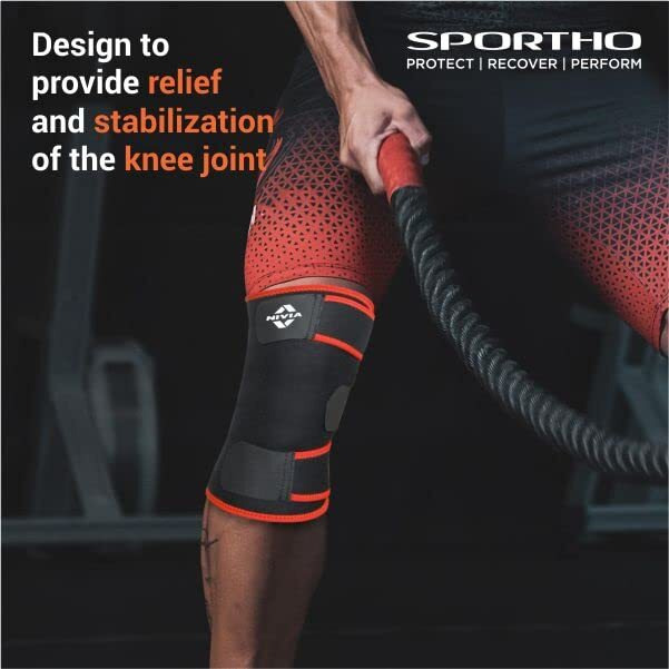 Nivia Orthopedic Knee Support With Adjustable Velcro For Men And Women,Adjustable Knee Support, For Sports,For Running, For Cycling, Pain Relief Knee Cap, Knee Brace, Knee Guard,Free Size (Black-Red)