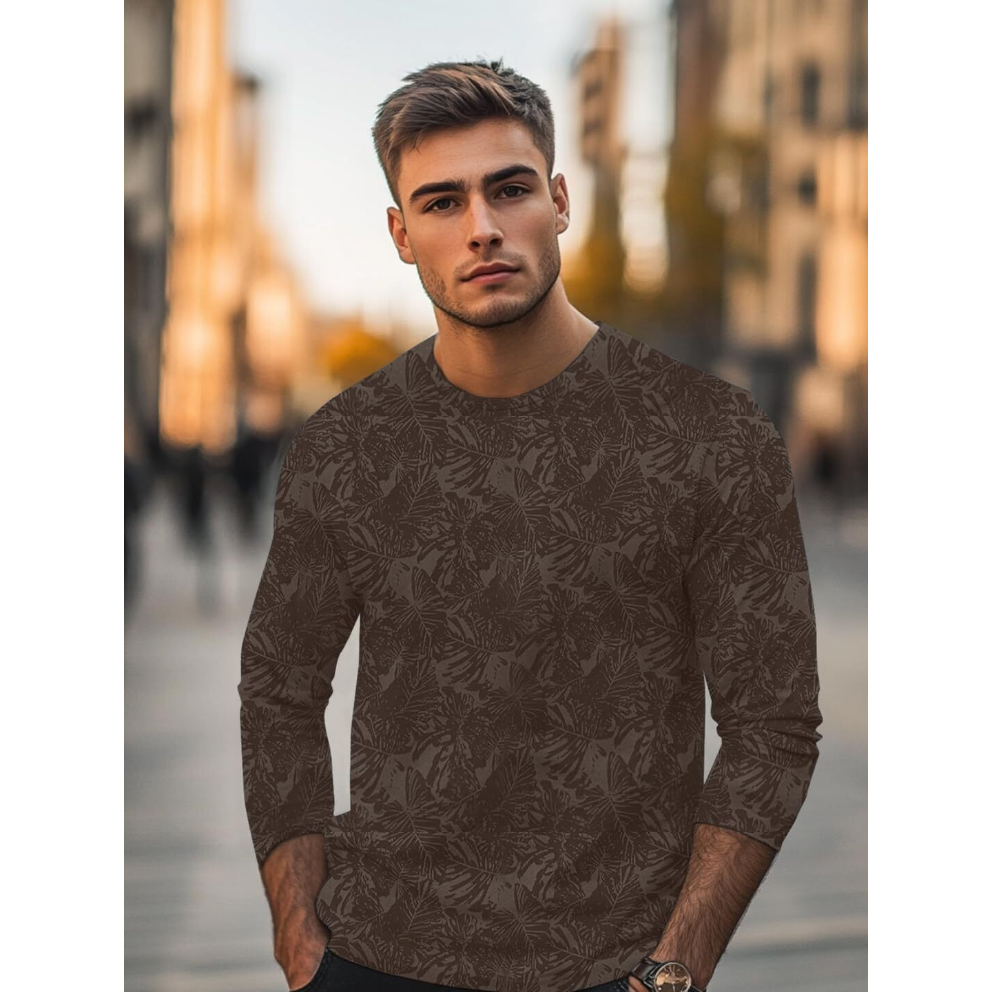 Urbano Fashion Men's Chicory Coffee Printed Full Sleeve Slim Fit Cotton T-Shirt (Aopleaffull-Chicof-S)