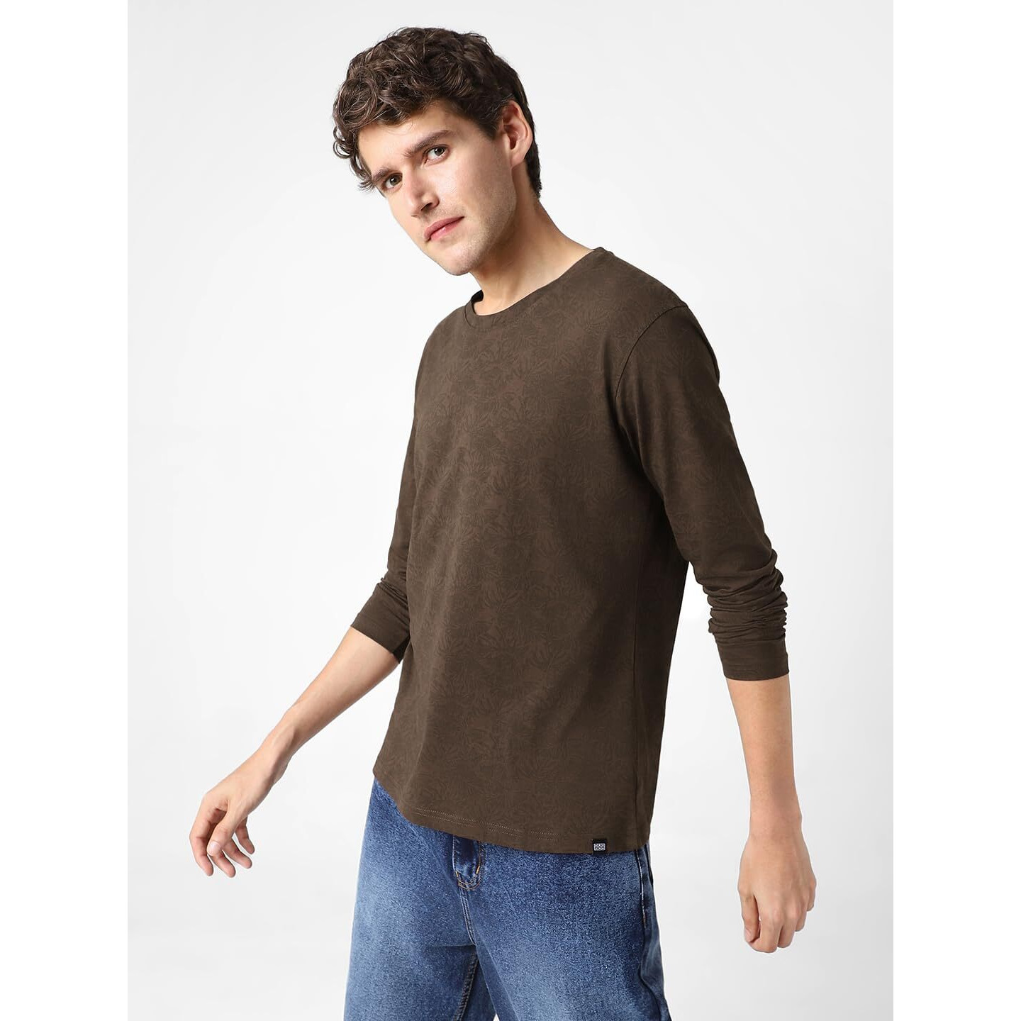 Urbano Fashion Men's Chicory Coffee Printed Full Sleeve Slim Fit Cotton T-Shirt (Aopleaffull-Chicof-S)