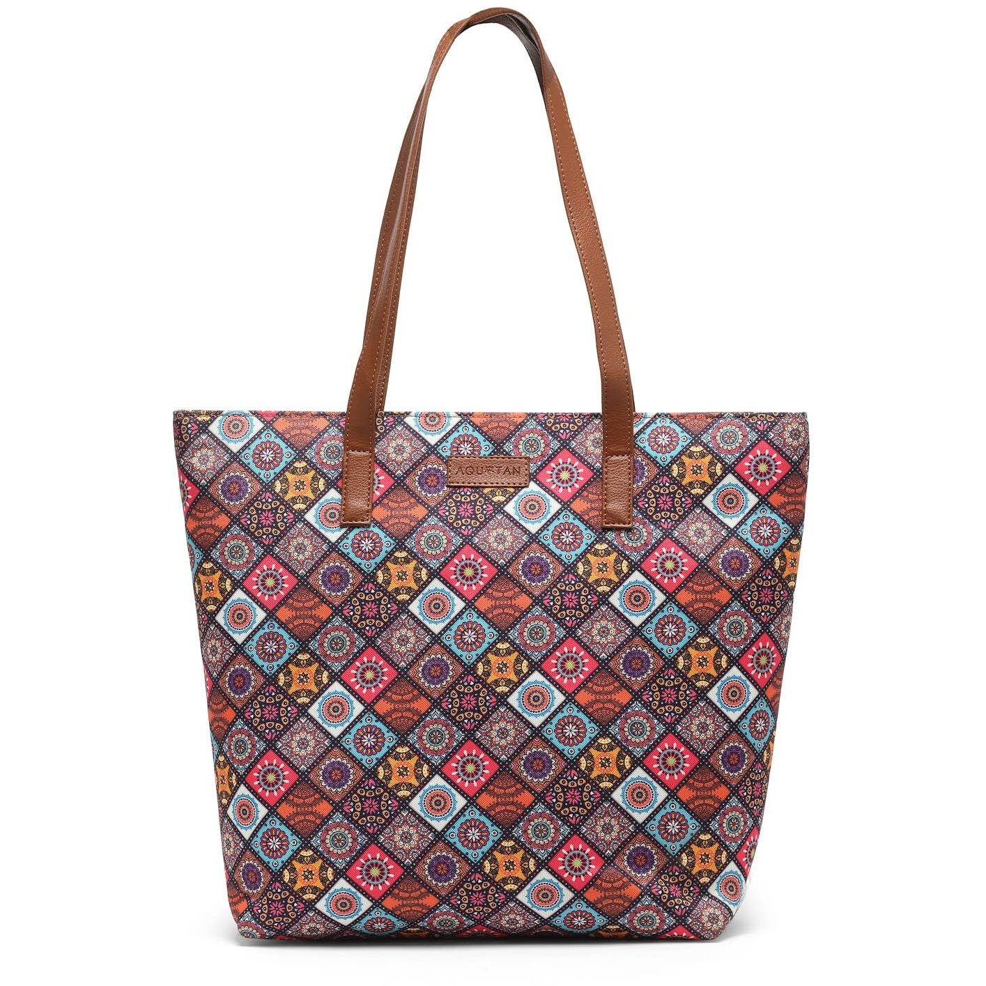 Aquatan Vegan Leather Tote Bag For Women Spacious Stylish Sturdy Pu Handle Material Handbag Zippered Compartment Office Use Printed Brown Women Tote Bags