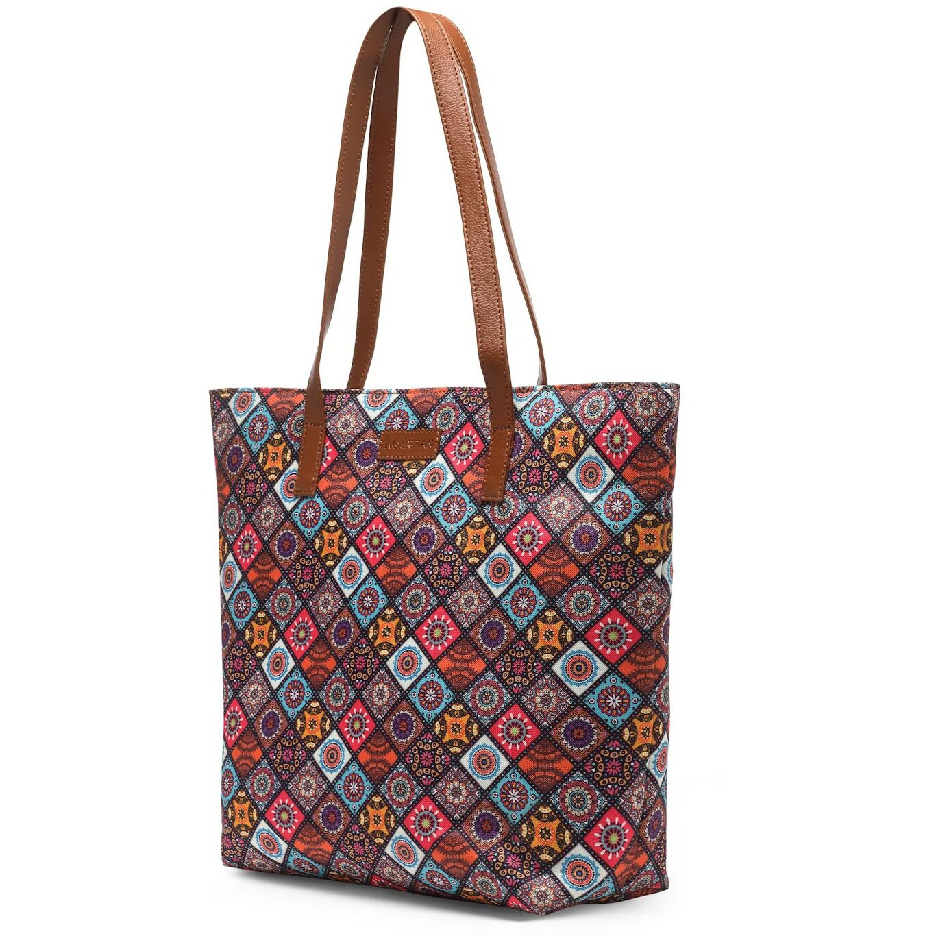 Aquatan Vegan Leather Tote Bag For Women Spacious Stylish Sturdy Pu Handle Material Handbag Zippered Compartment Office Use Printed Brown Women Tote Bags