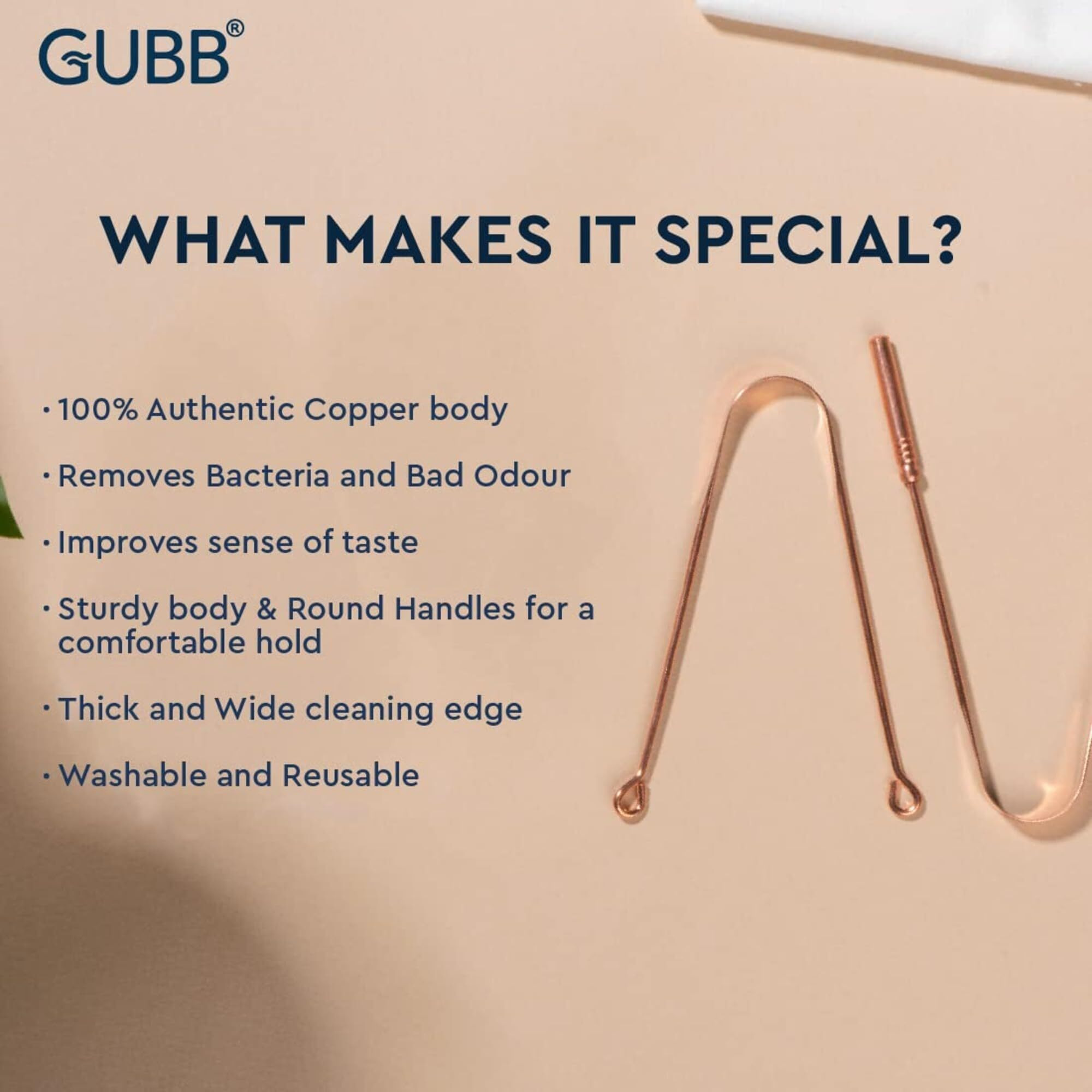 Gubb Ayurvedic Copper Tongue Cleaner For Kids & Adults With Ergonomic Handle - Effectively Combats Bad Breath, Enhances Oral Hygiene - Natural Copper Tongue Scraper For Improved Oral Health, Fresher Breath, And Gentle Tongue Cleaning Experience