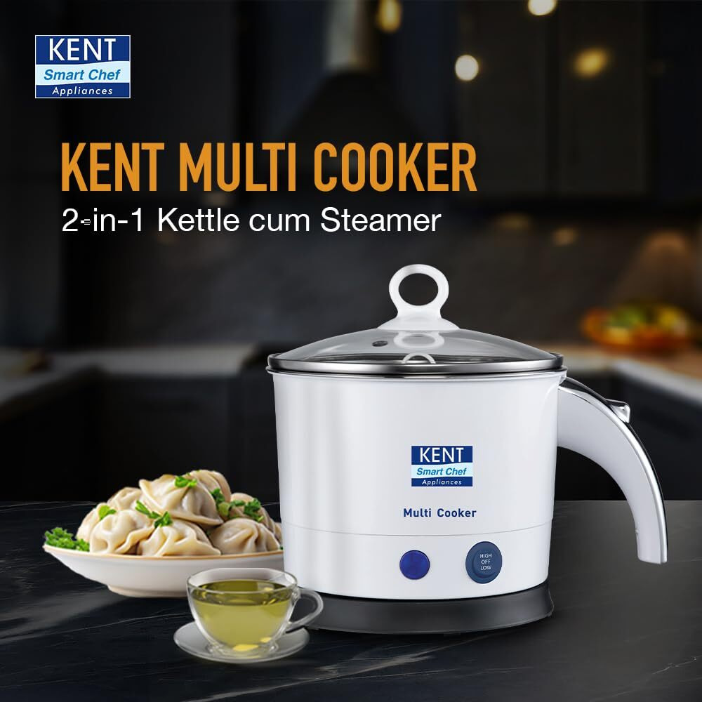 Kent Kettle Multicooker Cum Steamer 1.2 Liters 800W| Boiling Of Water, Tea,Eggs, Instant Noodle Maker, Steaming Idlis, Momos |Inner Stainless Steel Without Joint And Welding & Cool Touch Outer Body