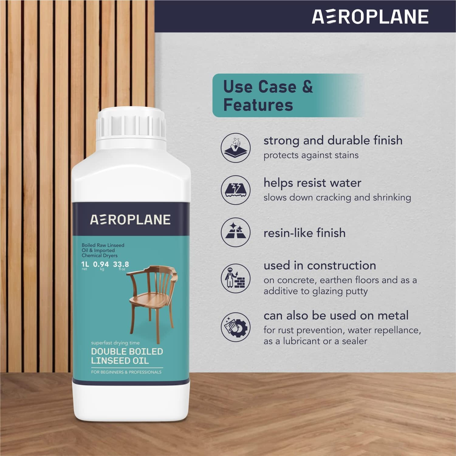 Aeroplane - Double Boiled Linseed Oil - Used For Wood Finishing & Restoration, Sports Equipment, Wall Base Coat & Putty, Tools & Hardware - Natural Wood Varnish