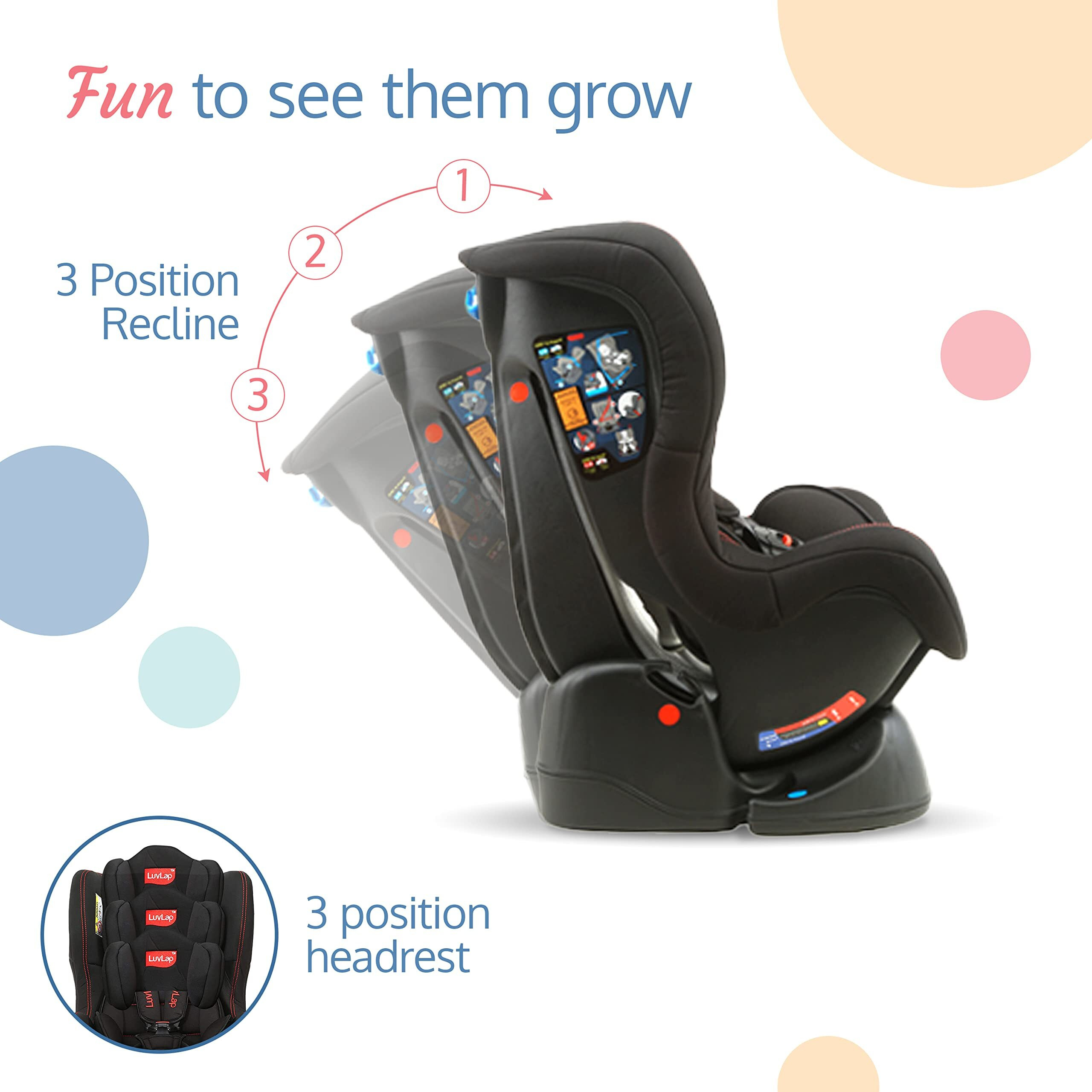 Luvlap Sports Convertible Car Seat For Baby & Kids, New Born To 4 Years, Forward Facing & Rearward Facing, 3 Adjustable Recline Levels, European Safety Standard Certified, Side Impact Guard-Black
