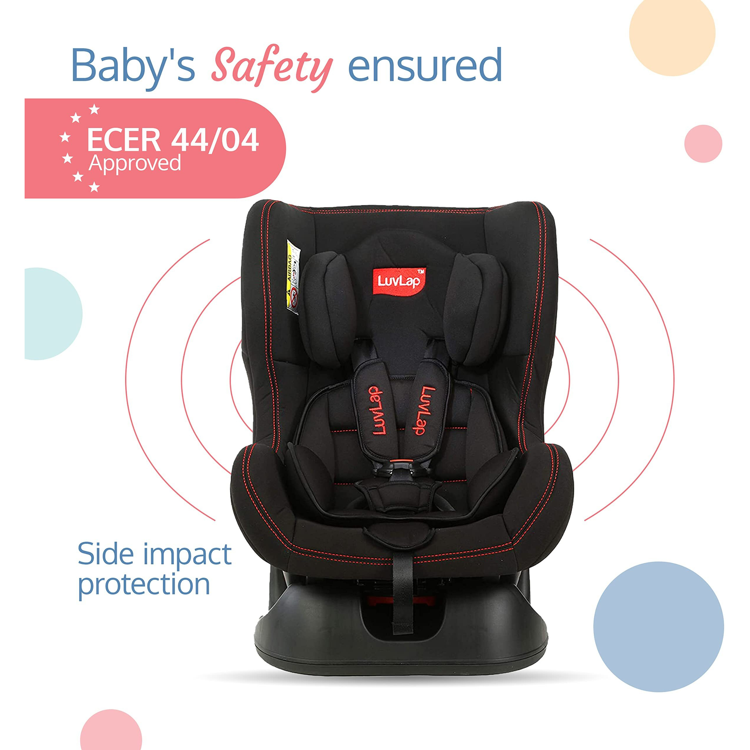Luvlap Sports Convertible Car Seat For Baby & Kids, New Born To 4 Years, Forward Facing & Rearward Facing, 3 Adjustable Recline Levels, European Safety Standard Certified, Side Impact Guard-Black