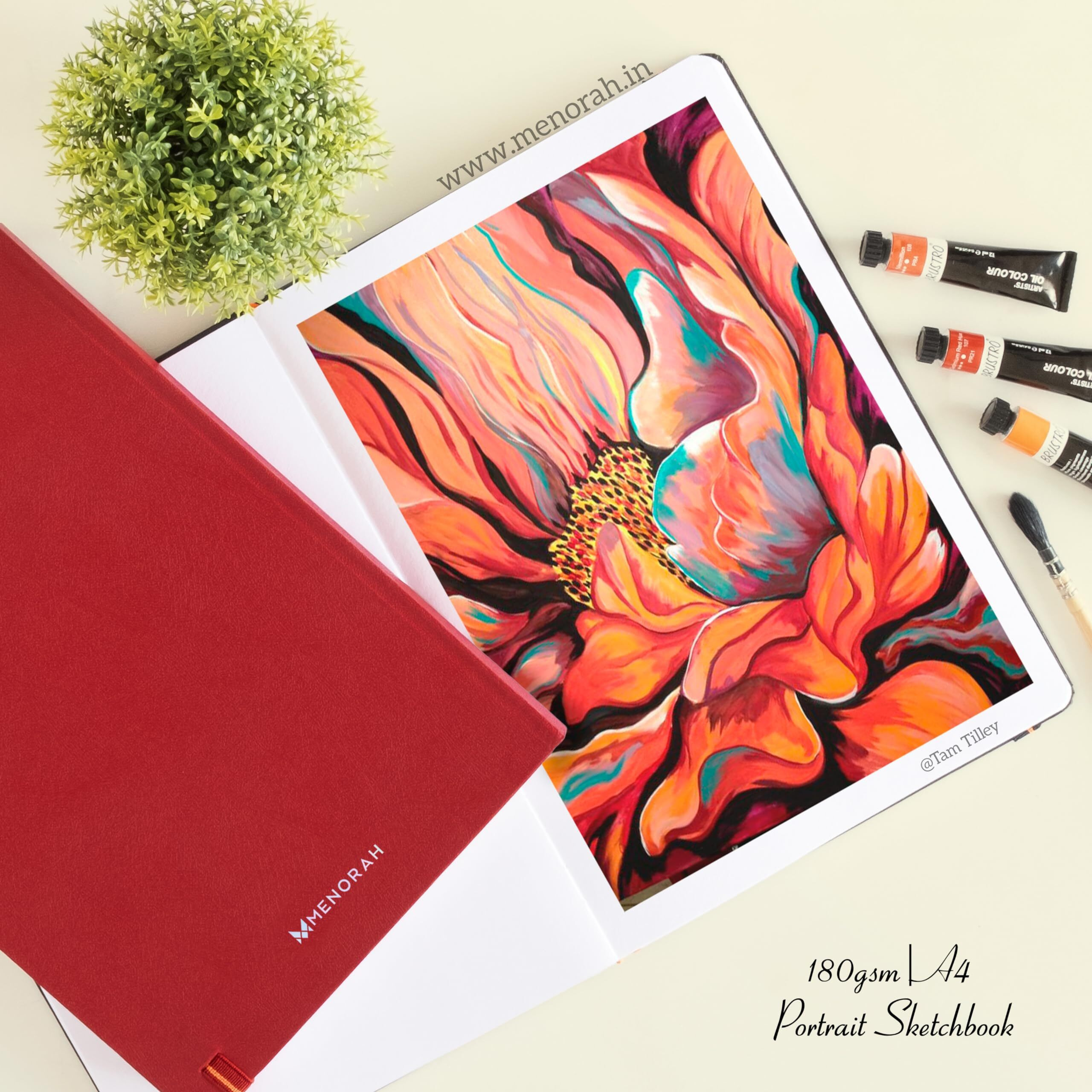 Menorah Paper Artist Sketch Book - A4-180 Gsm (100 Pages / 50 Sheets) Drawing Notebook - Hard Bound Book - (29.7 Cm X 21 Cm) - Completely Handmade- Portrait- (Red, Watercolor)