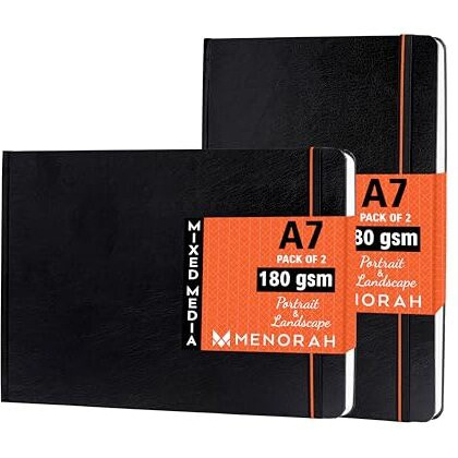 Menorah - Artist Sketchbook-A7-180Gsm - Drawing Notebook, Handmade Hard Bound Notebook -100 Pages / 50 Sheets - Pack Of 2 (Landscape & Portrait) - Black