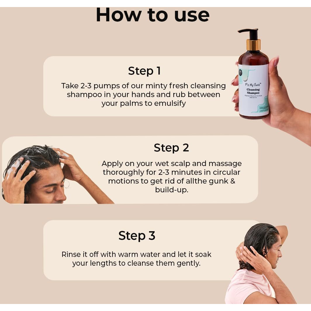Fix My Curls Cleansing Shampoo For Curly Hair & Wavy Hair| Enriched With Apple Cider Vinegar, Tea Tree & Rosemary Oil| Anti-Frizz, Anti-Itch | Ph Balanced, Paraben-Free, Silicone-Free & Sulfate-Free 250Ml