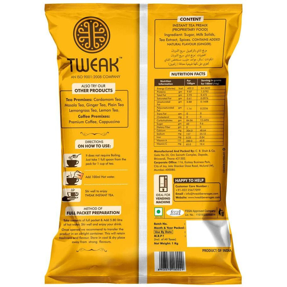 Tweak Instant Ginger Tea Premix 1Kg | Premium Ginger Tea | Instant Chai Mix With Milk & Sugar | Ginger Chai Premix | Ready-To-Drink Ginger Tea | Instant Herbal Tea Premix | Makes Approx 62 Cups Of 100Ml