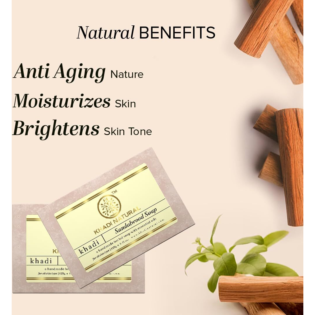 Khadi Natural Sandalwood Soap | Natural Handmade Soap | Bathing Soap For Hydrated Skin | Natural Soap With Essential Oils | Suitable For All Skin Types | Pack Of 8(125Gx8) (1000G)