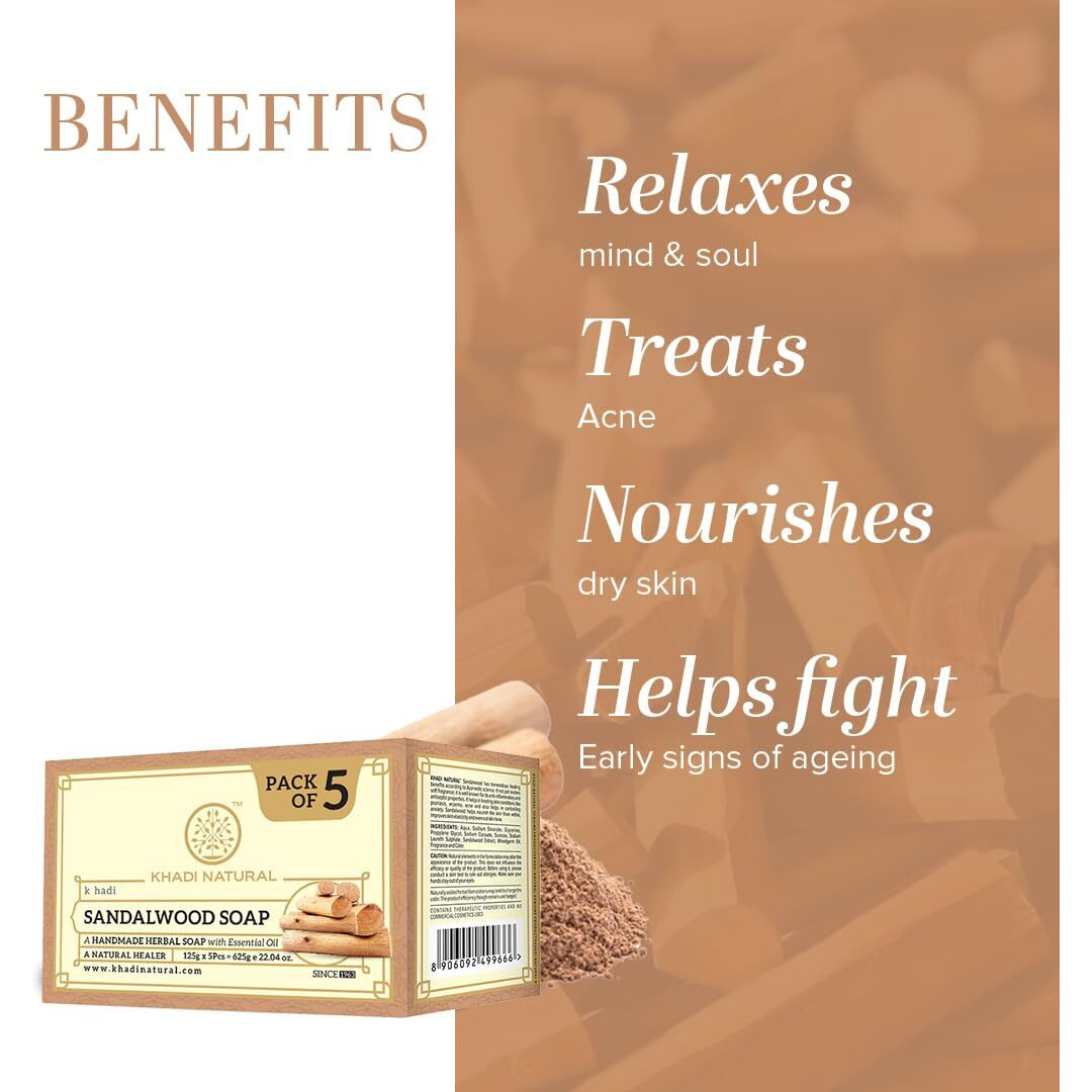 Khadi Natural Sandalwood Soap | Natural Handmade Soap | Herbal Bathing Soap For Hydrated Skin | Natural Soap With Essential Oils | Suitable For All Skin Types | Pack Of 5(125Gx5) (625G)