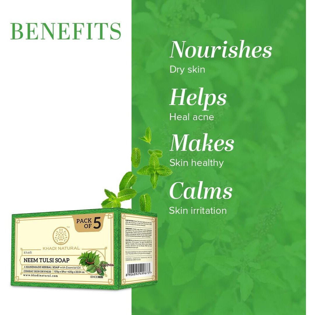 Khadi Natural Neem Tulsi Soap | Handmade Bathing Soap | Herbal Soap For Removing Dirt & Impurities | Suitable For All Skin Types| (Pack Of 5) (5X125 G) (625 G)