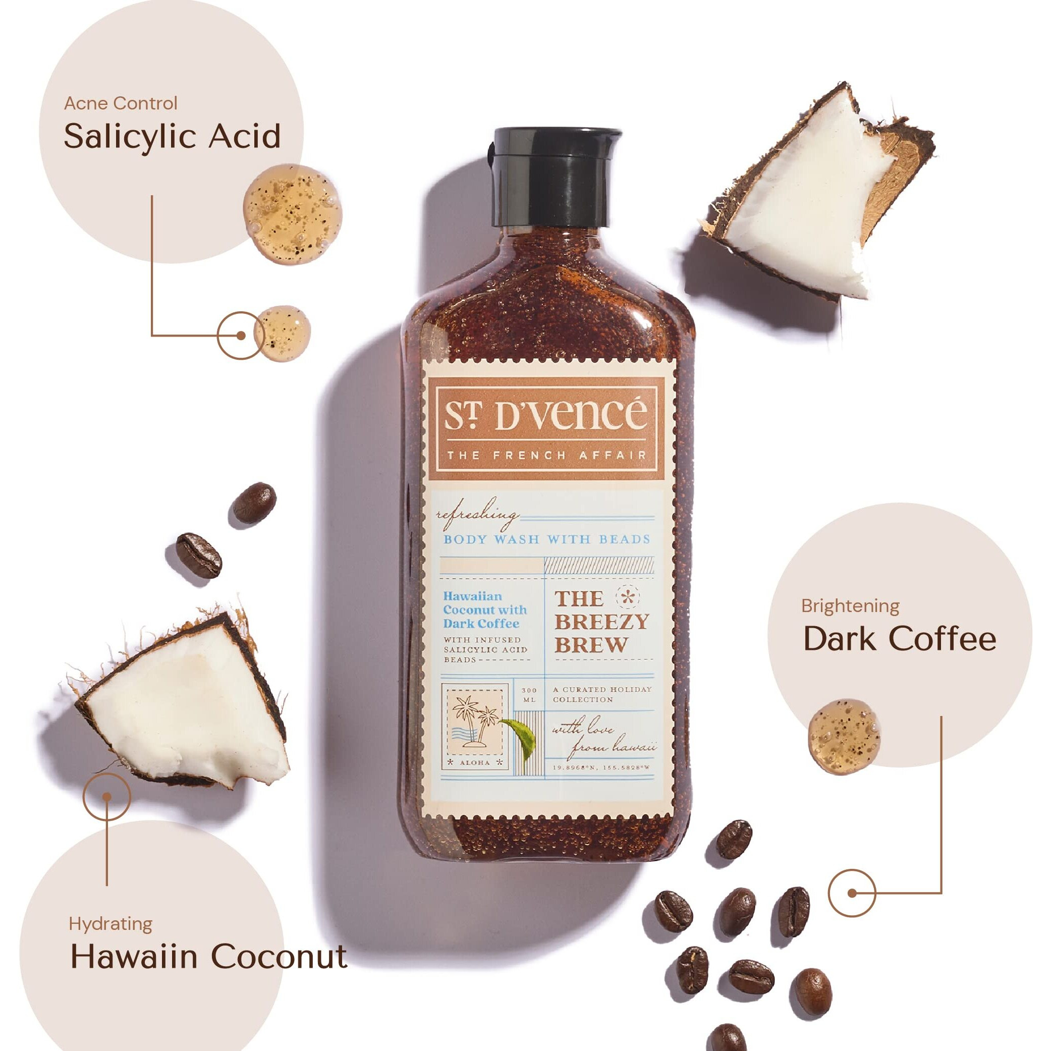 St. DVence Breezy Brew Salicylic Acid Body Wash Shower Gel For Women & Men With Coffee & Coconut | Deep Cleansing, Paraben & Sls Free | Body Wash For Summer - 300Ml