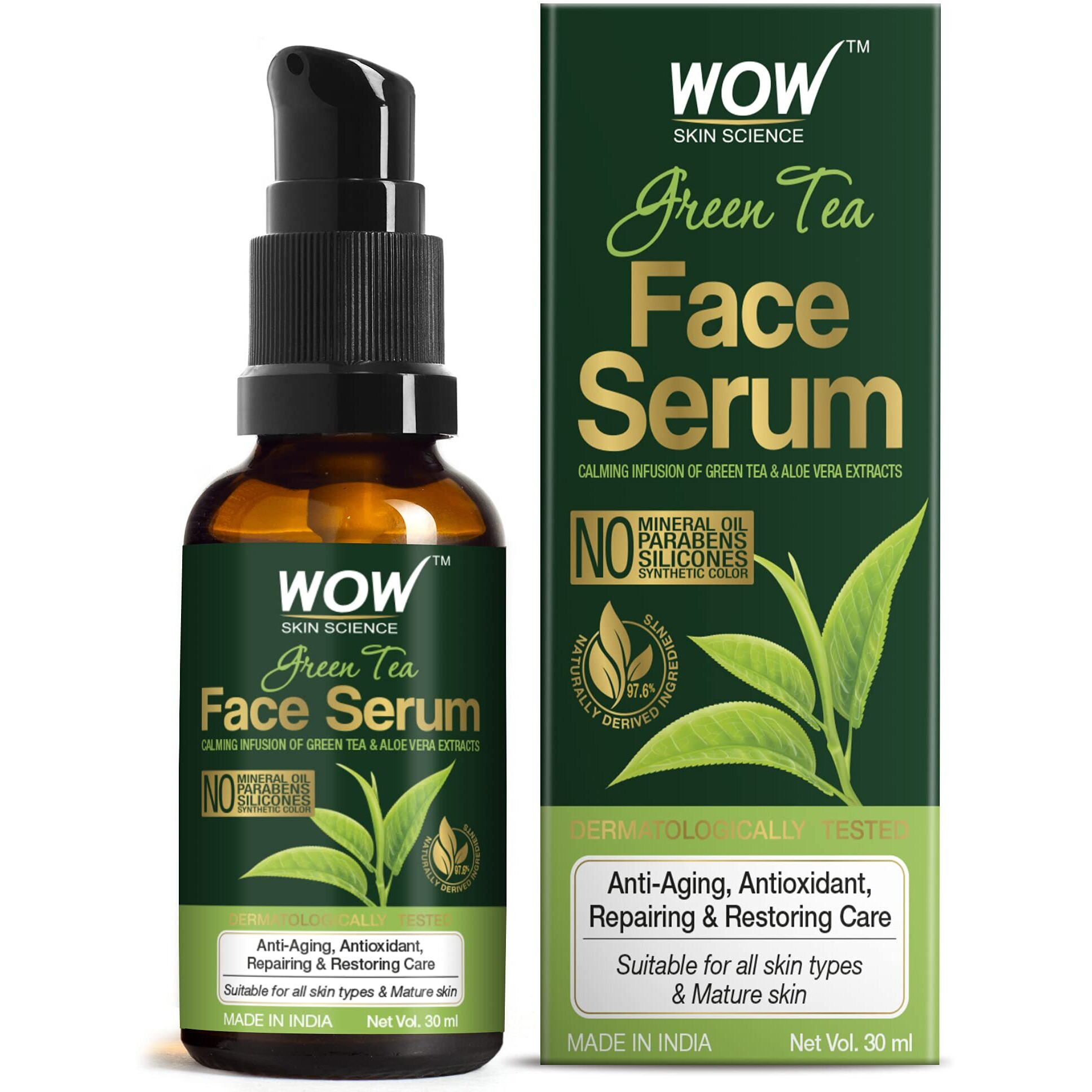 Wow Skin Science Green Tea Face Serum | Aloe Vera Extract With Pro Vitamin B5 & Vitamin E | Anti Aging, Skin Repair | Blemishes, Fine Lines, Smooth Skin | No Parabens | 30 Ml