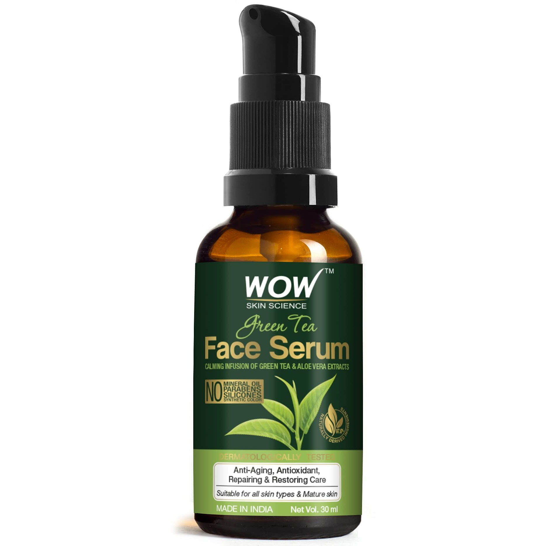 Wow Skin Science Green Tea Face Serum | Aloe Vera Extract With Pro Vitamin B5 & Vitamin E | Anti Aging, Skin Repair | Blemishes, Fine Lines, Smooth Skin | No Parabens | 30 Ml