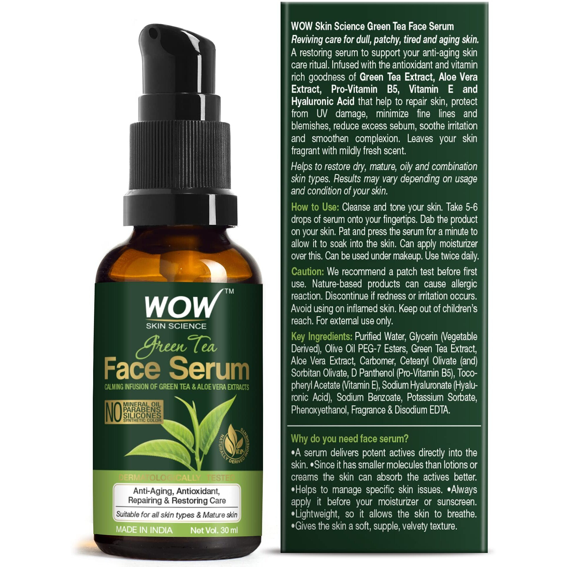 Wow Skin Science Green Tea Face Serum | Aloe Vera Extract With Pro Vitamin B5 & Vitamin E | Anti Aging, Skin Repair | Blemishes, Fine Lines, Smooth Skin | No Parabens | 30 Ml