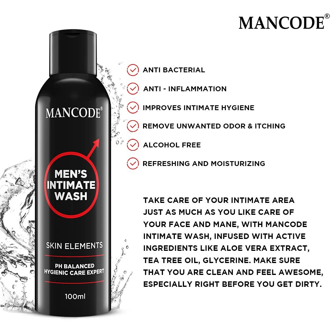 Mancode Intimate Wash For Men - 100Ml With Tea Tree Essential Oil Ayurvedic & Natural Personal Intimate Hygiene Prevents Itching Irritation & Dryness Caused By Sweating Ball Wash For Men