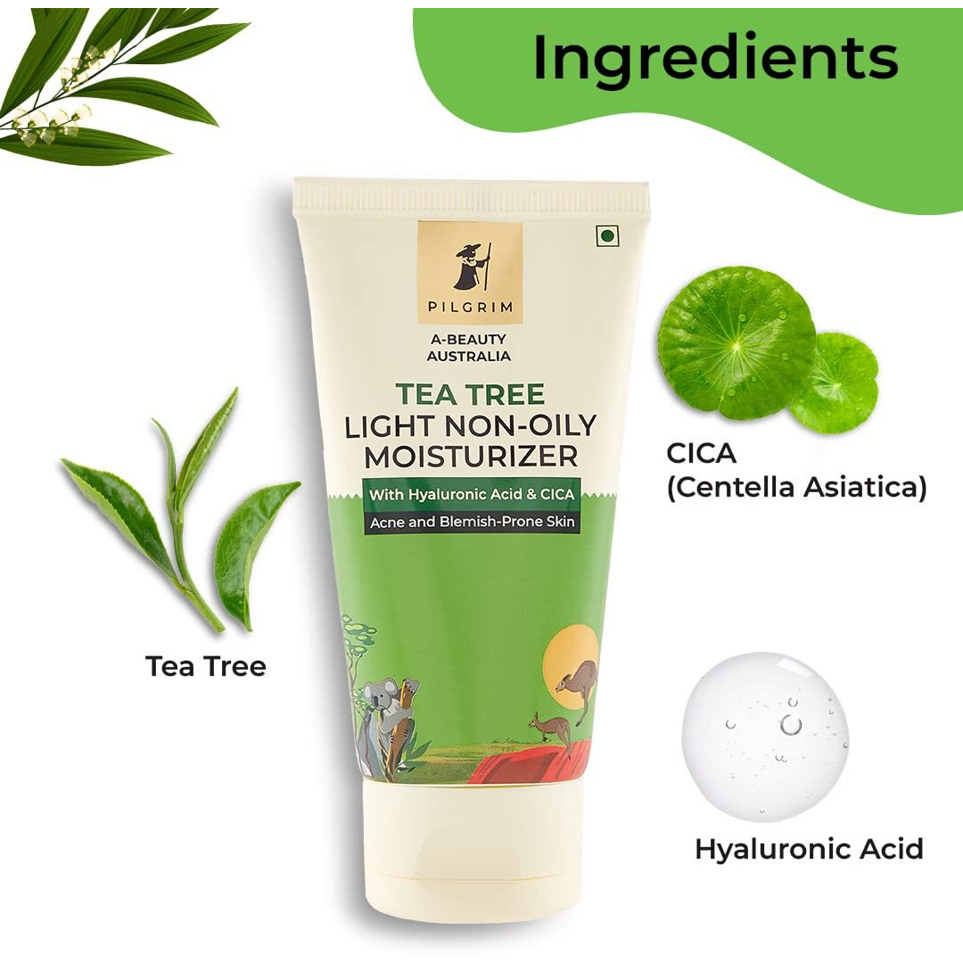 Pilgrim Australian Tea Tree Oil Free Moisturizer For Face For Oily & Acne Prone Skin With Hyaluronic Acid & Cica |Tea Tree Light Non-Oily Moisturizer For Face |Face Moisturizer For Women & Men | 80 Gm