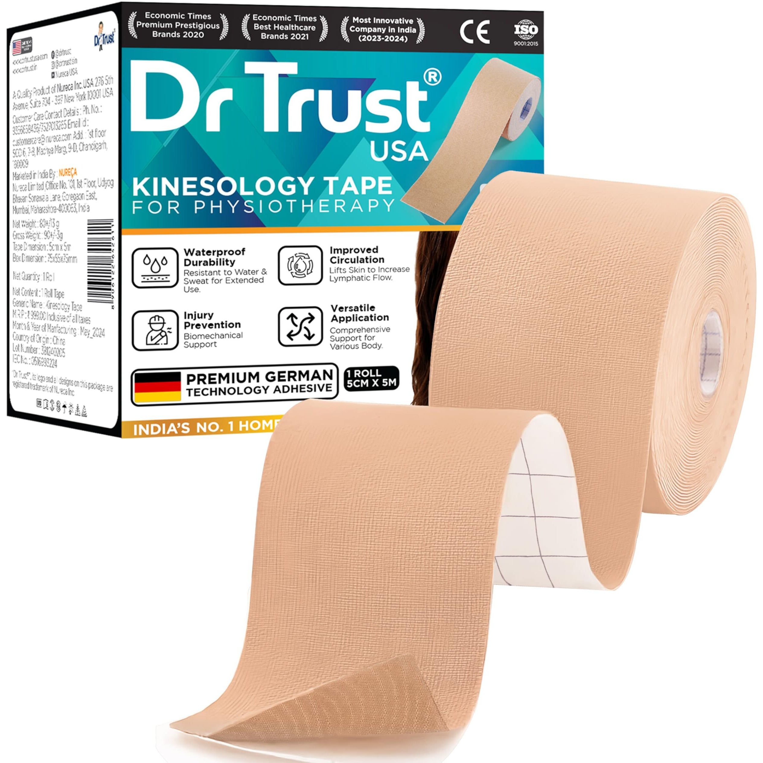 Dr Trust Usa Kinesiology Tape For Sports Injury, Muscles Pain Relief, Waterproof Athletic Ktape For Arms, Knee, Shoulder, Legs, Ankle, Adhesive Compression Bandage 5 M X 5 Cm (Beige)