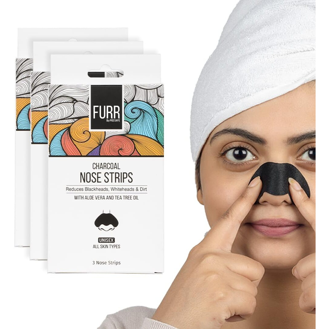 Furr By Pee Safe Blackhead Remover Bamboo Charcoal Nose Strips (Pack Of 9) | With Aloe Vera & Tea Tree Oil | Reduces & Prevents Blackheads, Whiteheads, Dirt And Oil | Cleanses Pores