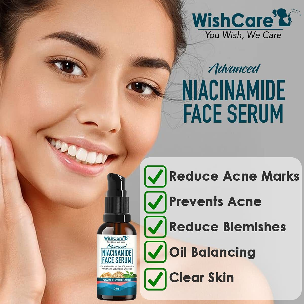 Wishcare Advanced 12% Niacinamide Serum For Acne, Acne Marks, Blemishes & Oil Balancing With 2% Zinc, Ceramide Oats, Green Tea - 30Ml, Natural (Wcns30)