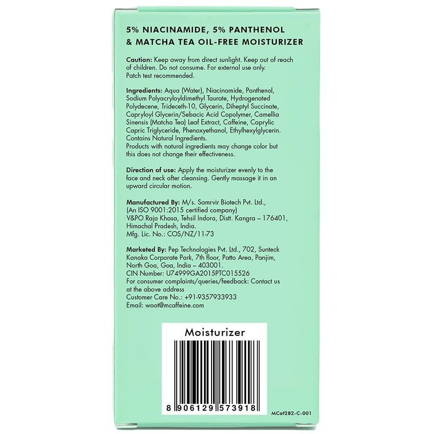 Mcaffeine 10% Niacinamide & Panthenol, Vitamin B5 Oil-Free Moisturizer For Acne With Matcha Tea| Lightweight Hydration & Soothes Skin | Non-Greasy, Fragrance-Free | For Oily, Acne Prone Skin - 50Ml