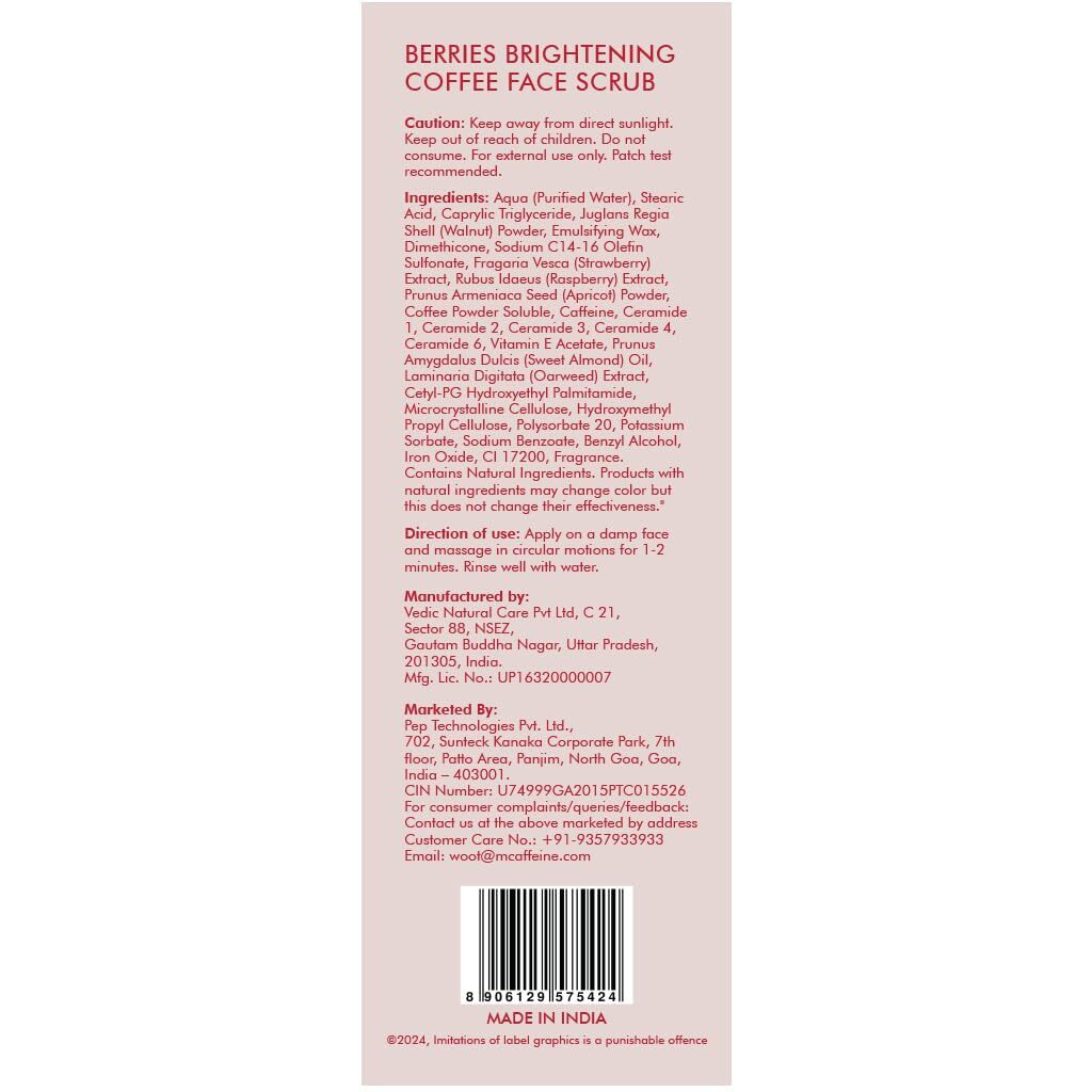 Mcaffeine Berries Brightening Coffee Face Scrub For Glowing Skin | Gently Exfoliates, Smoothes & Improves Skin Tone | Removes Tan&Dead Skin | Tan Removal Face Scrub | Non-Drying For Women & Men-75Gm