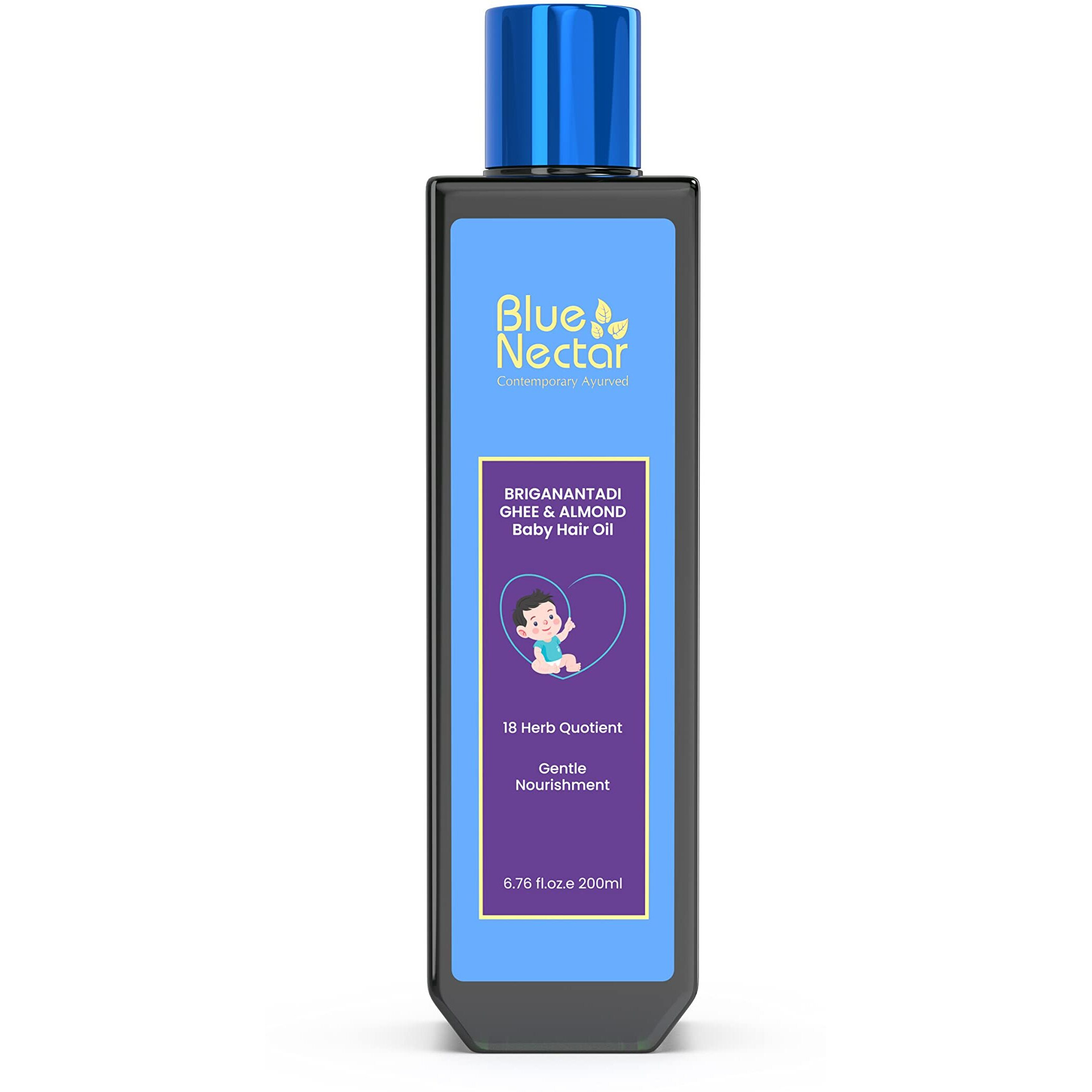 Blue Nectar Ayurvedic Baby Hair Oil With Organic Ghee, Almond Oil, Coconut Oil & Olive Oil For Hair And Scalp (18 Herbs, 200 Ml)