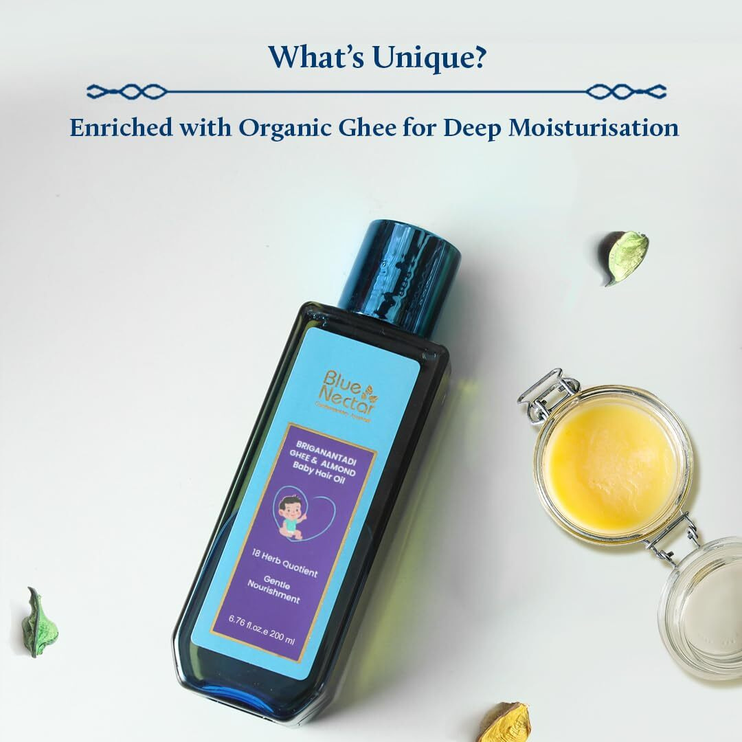Blue Nectar Ayurvedic Baby Hair Oil With Organic Ghee, Almond Oil, Coconut Oil & Olive Oil For Hair And Scalp (18 Herbs, 200 Ml)