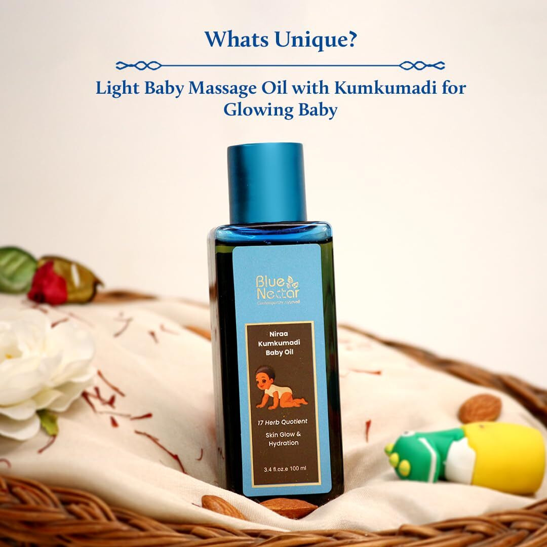 Blue Nectar Baby Oil With Pure Kumkumadi Oil For Glowing Skin | Ayurvedic Baby Massage Oil For New Born | 100% Natural & Safe Baby Product For Delicate Skin (17 Herbs, 200 Ml)