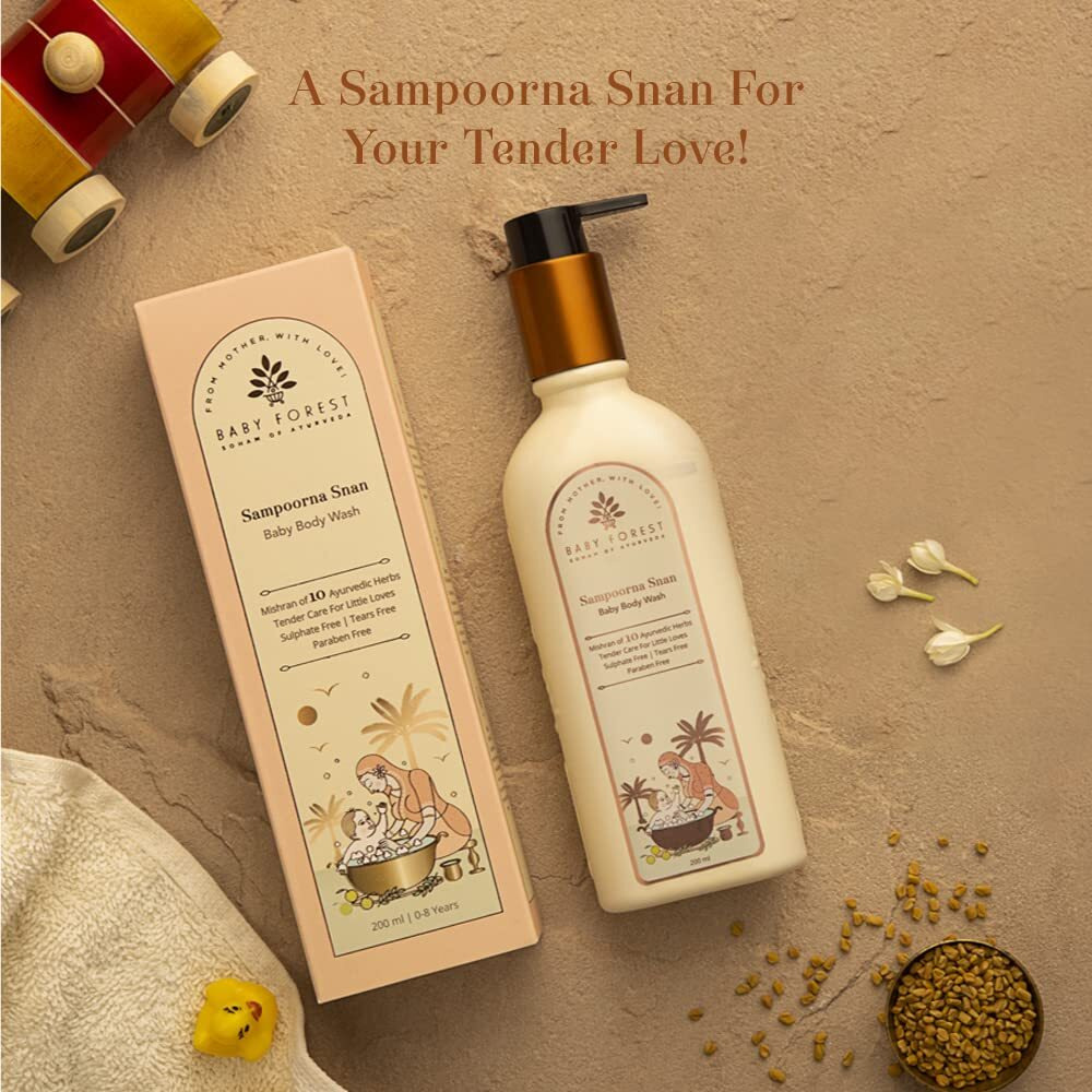 Baby Forest Sampoorna Snan Baby Body Wash | 10 Ayurvedic Herbs | Tear-Free Formula | Natural Hydration For Baby | Vegan | Cruelty-Free | Plant-Based Formulation | 200 Ml