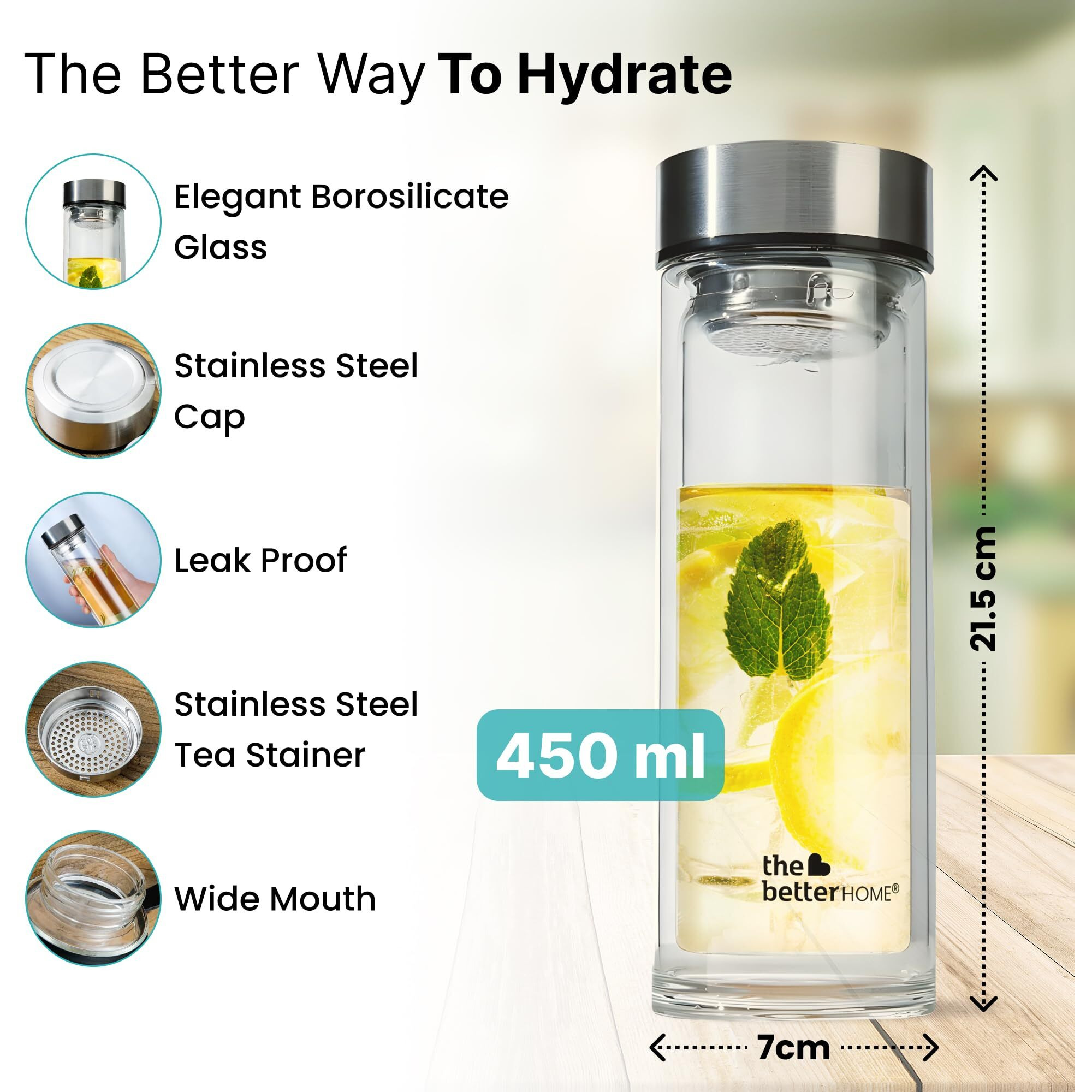 The Better Home Water Double Walled Insulated Glass Water Bottle With Stainless Steel Tea Stainer & Cap 450Ml | Detox Glass Water Bottle | Odour-Free | Scratch-Resistant | Bpa-Free