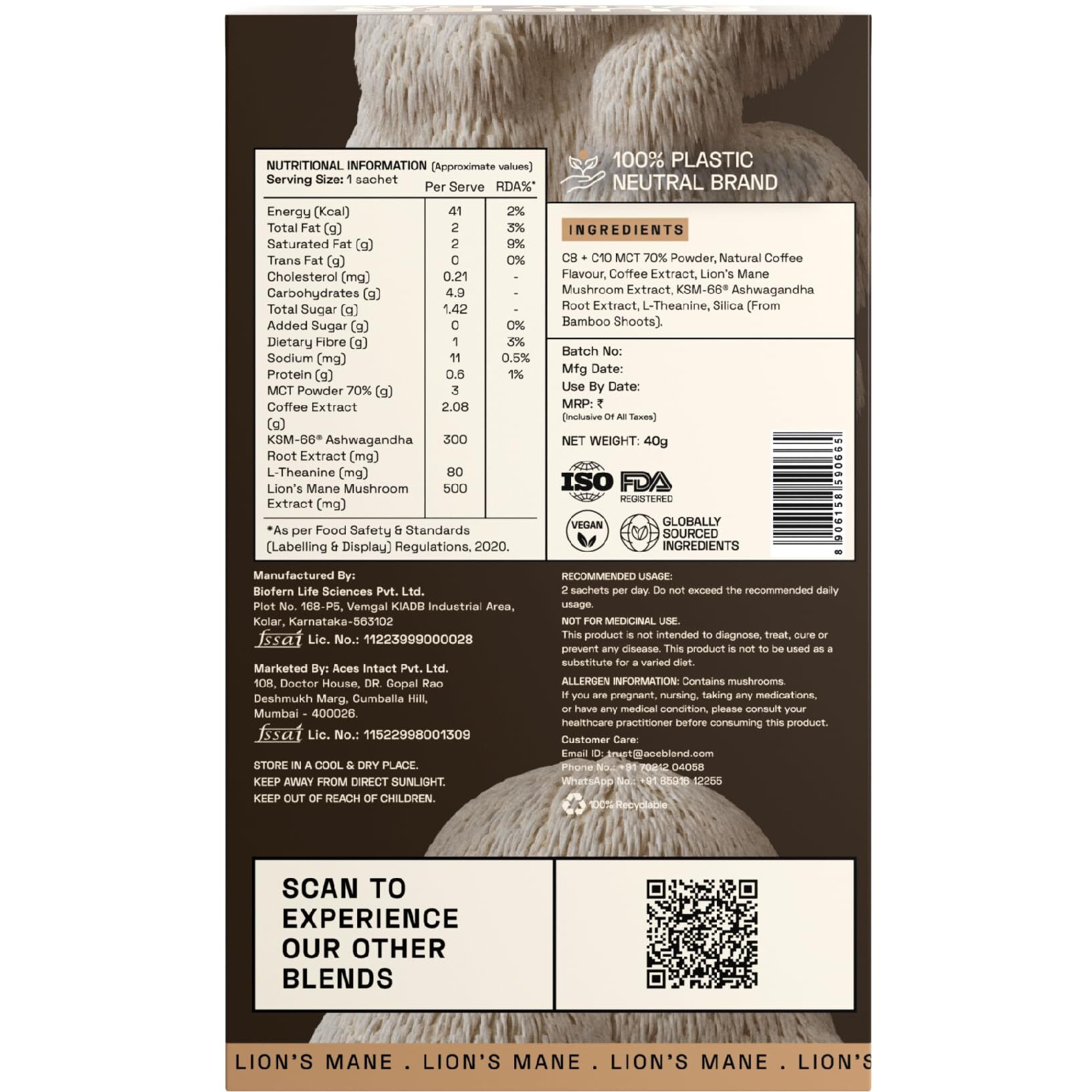 Ace Blend Lions Mane Shroom Coffee | 5 Serves | Mushroom Coffee | Ksm 66 Ashwagandha | L-Theanine | Mct | Focus | Memory | 100% Arabica | Instant Black Coffee | Keto | Cold/Hot Brew