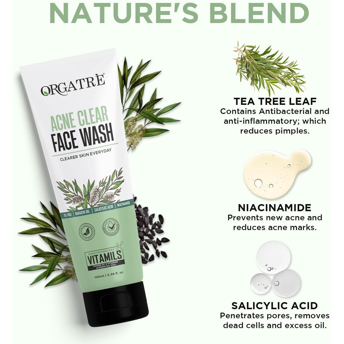 Orgatre Acne Clear Face Wash With Tea Tree, 2% Salicylic Acid & Niacinamide | Anti-Acne & Pore-Cleansing Formula For Clearer Skin | 100Ml