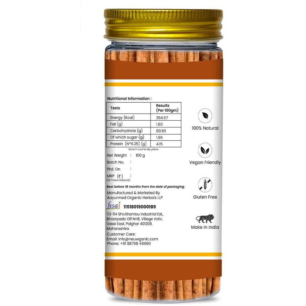 Neuwganic - Natural Cinnamon Sticks | Pure & Natural Dalchini | Indian Organic Spices | Ideal For Making Cookies/Masala Tea/Desserts | 100 Gm Pack Of 1