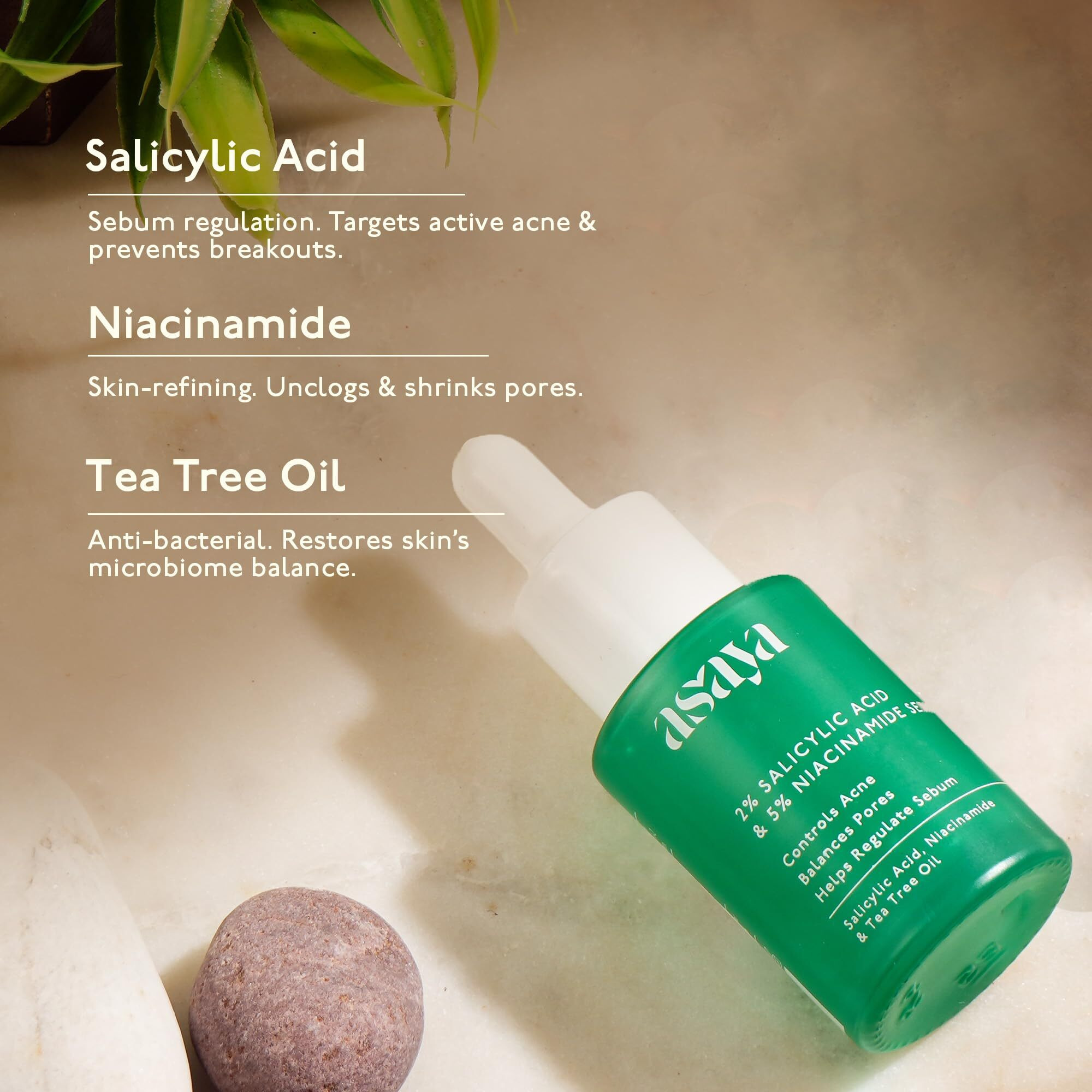 Asaya 2% Salicylic Acid Face Serum | 5% Niacinamide & Tea Tree Oil | Reduces Acne, Blackheads & Whiteheads | Unclogs Pores & Regulates Sebum | Fights Active Breakouts & Prevents Future Acne | Antibacterial & Anti-Inflammatory | Lightweight, Quick-Absorbing & Non-Greasy | For Oily, Acne-Prone & Oily, Dry & Sensitive Skin | 30Ml