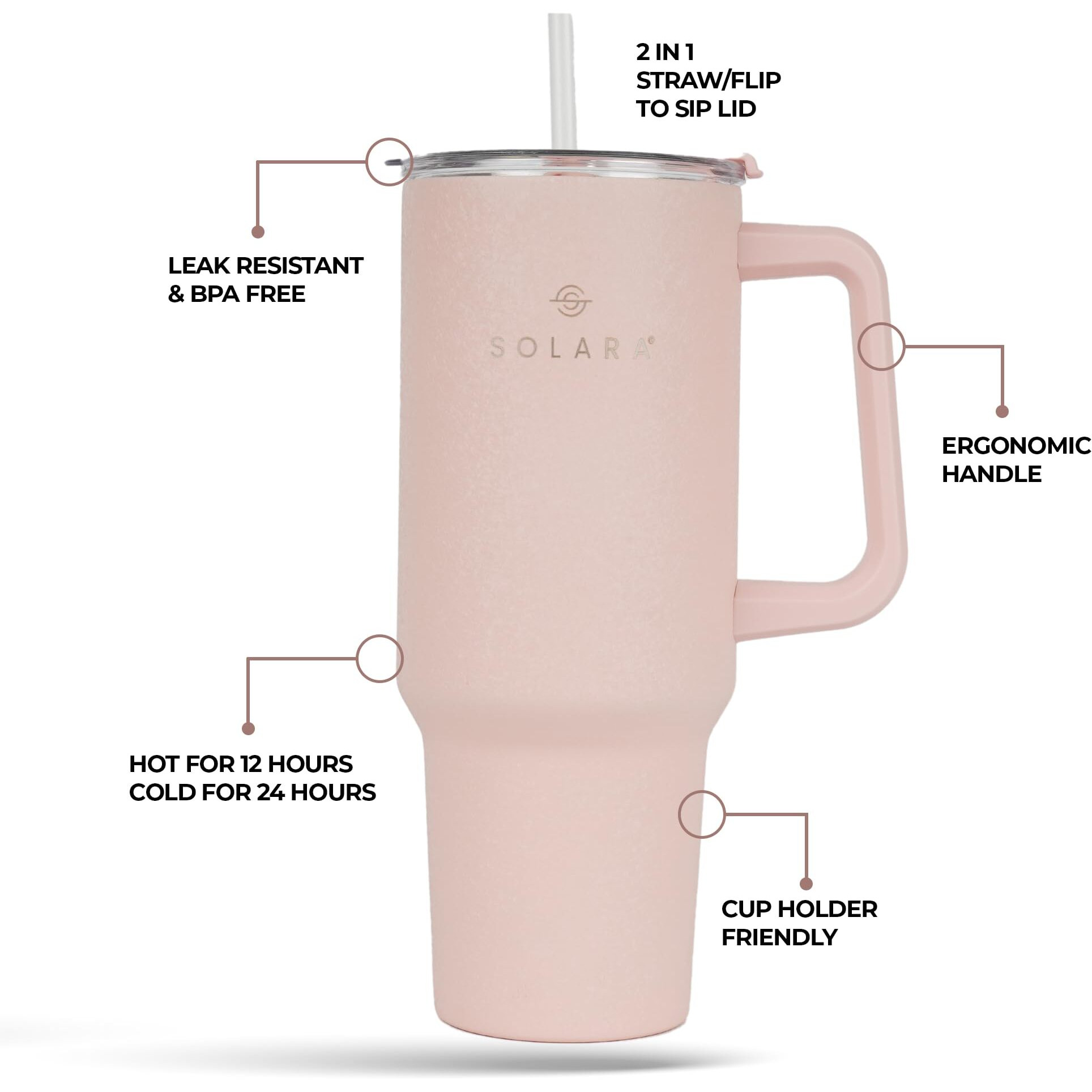 Solara Elixir 40Oz Insulated Tumbler With Straw And Lid, Tumblers For Hot And Cold, 1200Ml Stainless Steel Tumbler With Straw, Travel Mug, Coffee Mug For Office, Home, Dusky Pink
