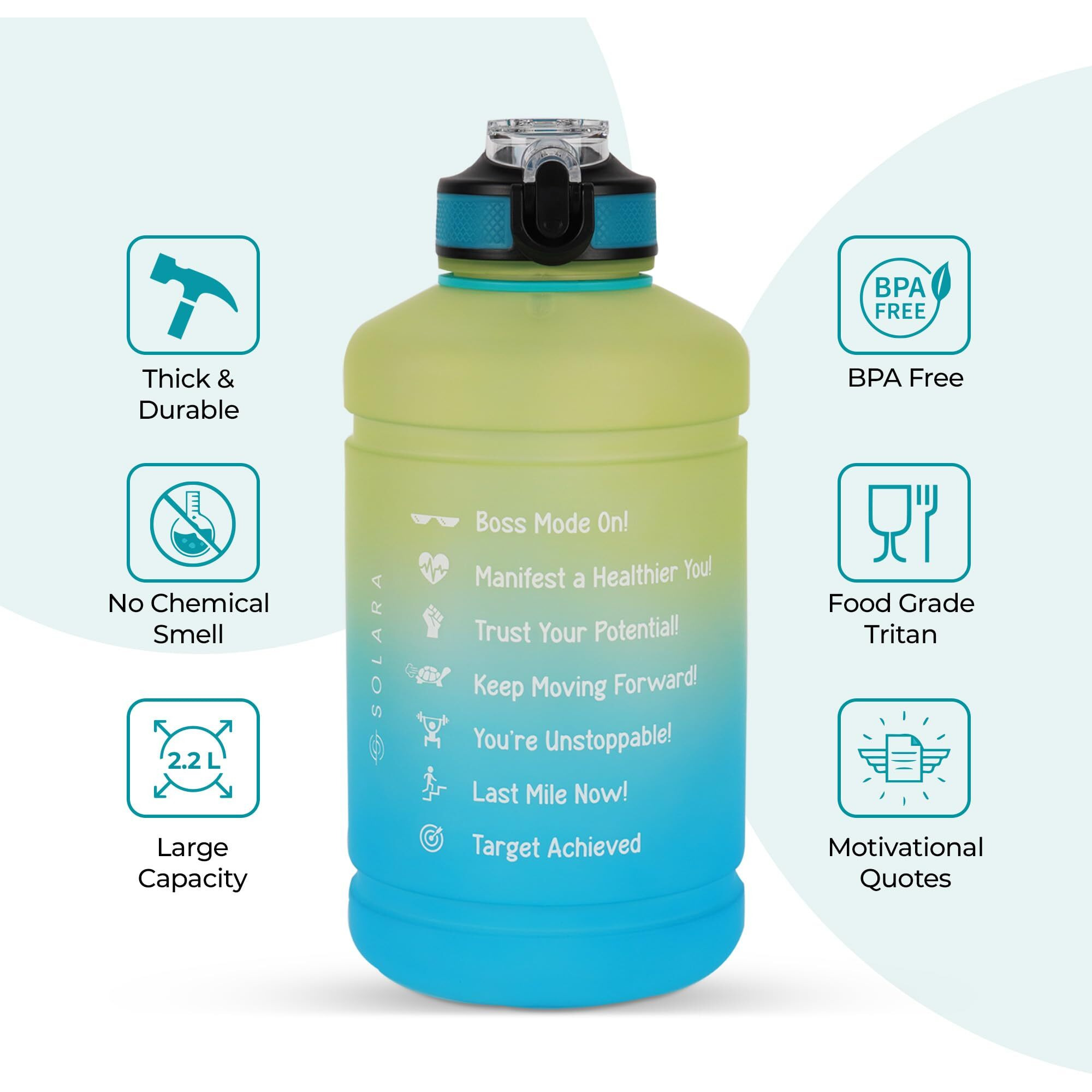 Solara Sipper Water Bottle For Adults 2.2 Litre With Motivational Time Marker, Leakproof Durable Bpa Free Non-Toxic Tritan Water Bottle For Gym, Home, Travel, Sports, Gifts And Office, Blue Hawaii