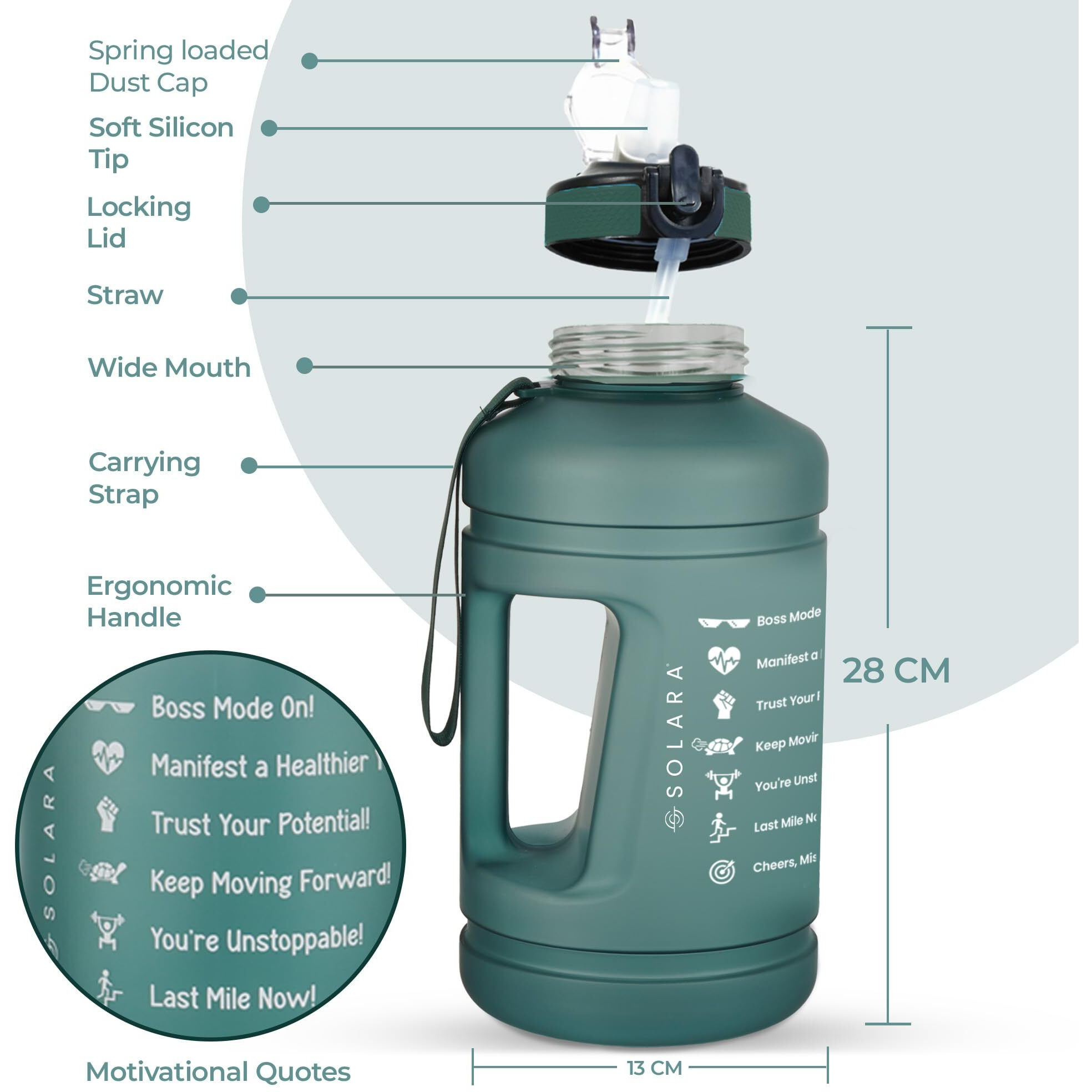 Solara Sipper Water Bottle For Adults 2.2 Litre With Motivational Time Marker, Leakproof Durable Bpa Free Non-Toxic Tritan Water Bottle For Gym, Home, Travel, Sports, Gifts And Office, Hunter Green