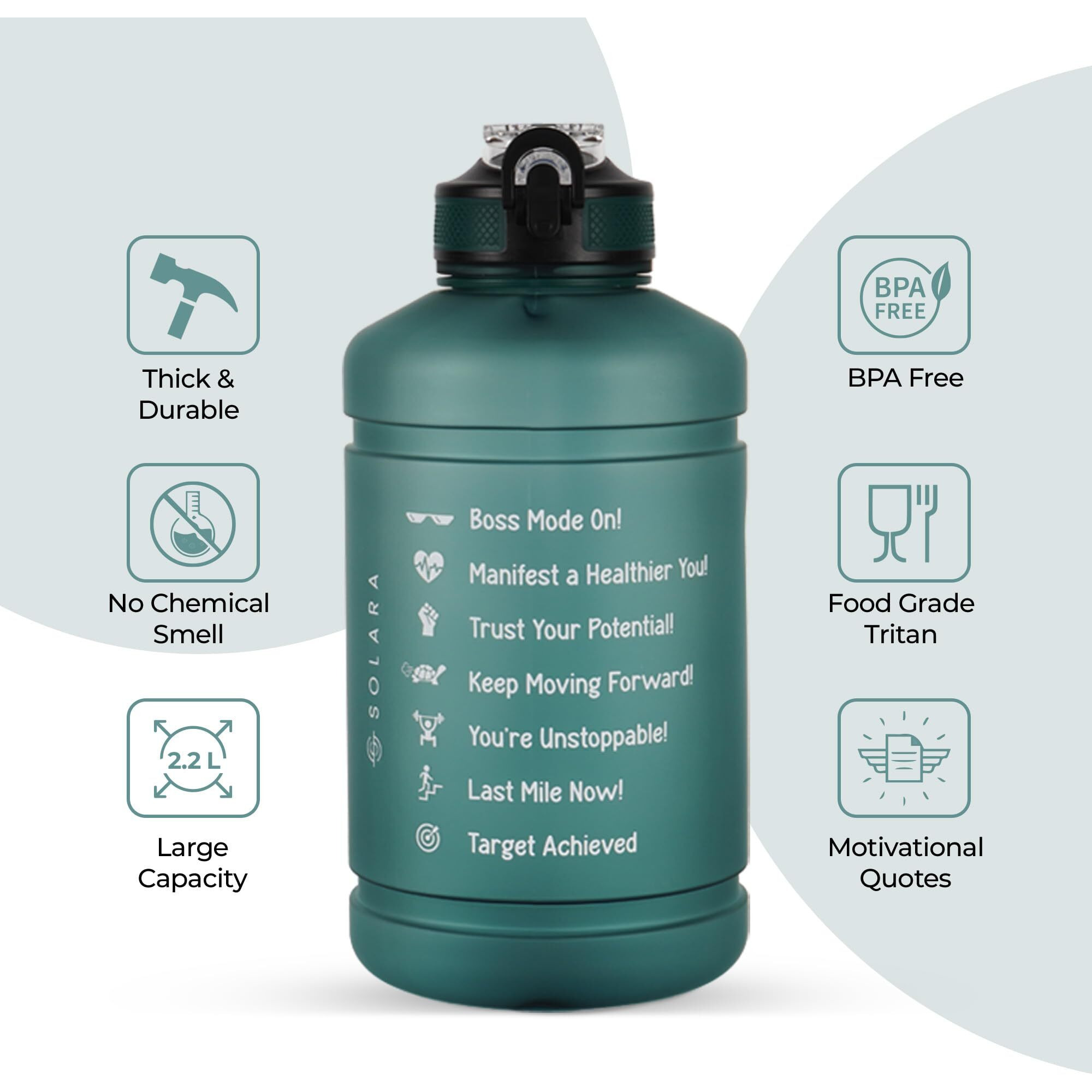 Solara Sipper Water Bottle For Adults 2.2 Litre With Motivational Time Marker, Leakproof Durable Bpa Free Non-Toxic Tritan Water Bottle For Gym, Home, Travel, Sports, Gifts And Office, Hunter Green