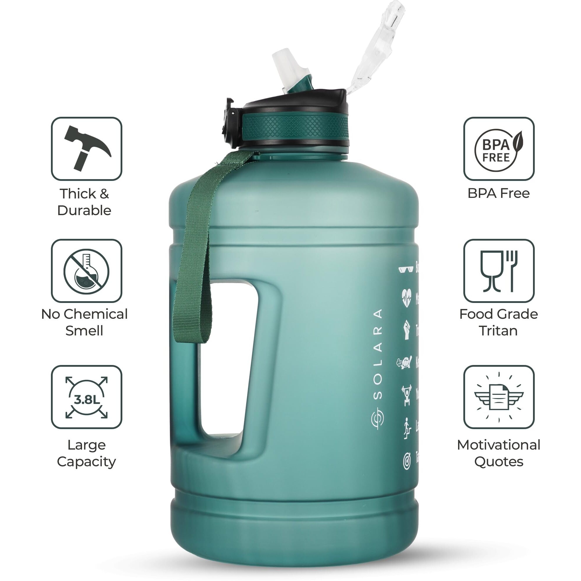 Solara Gallon Water Bottle For Adults 3.8 Ltr With Motivational Time Marker, Leakproof Durable Bpa Free Non-Toxic Tritan Gallon Bottle For Gym, Home, Travel, Sports, Trekking And Office, Hunter Green