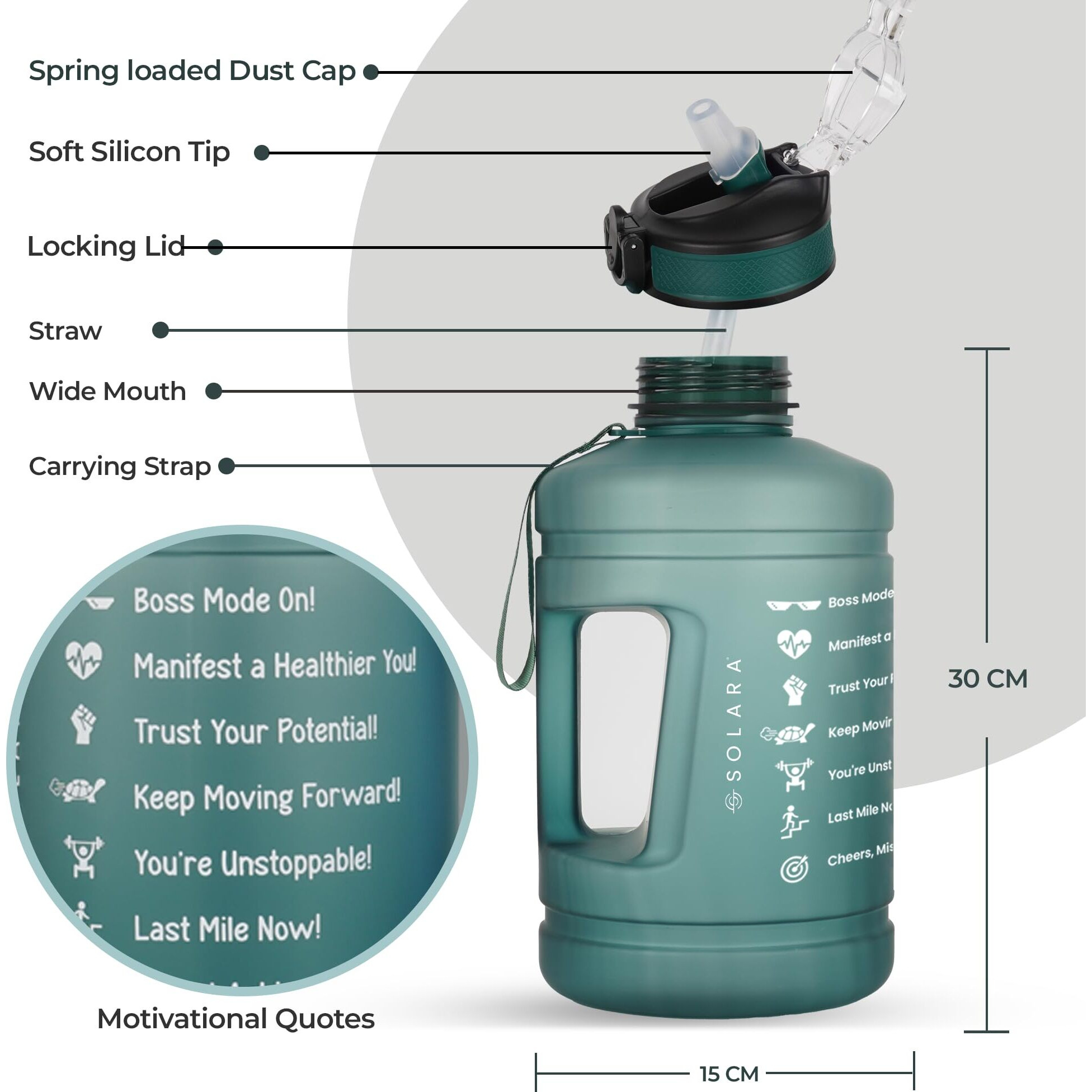 Solara Gallon Water Bottle For Adults 3.8 Ltr With Motivational Time Marker, Leakproof Durable Bpa Free Non-Toxic Tritan Gallon Bottle For Gym, Home, Travel, Sports, Trekking And Office, Hunter Green